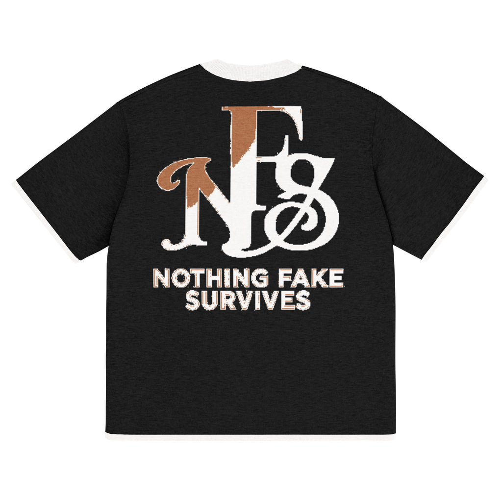 Oversized knitting t-shirt with bold NFS logo and Nothing Fake Survives text in white on black.
