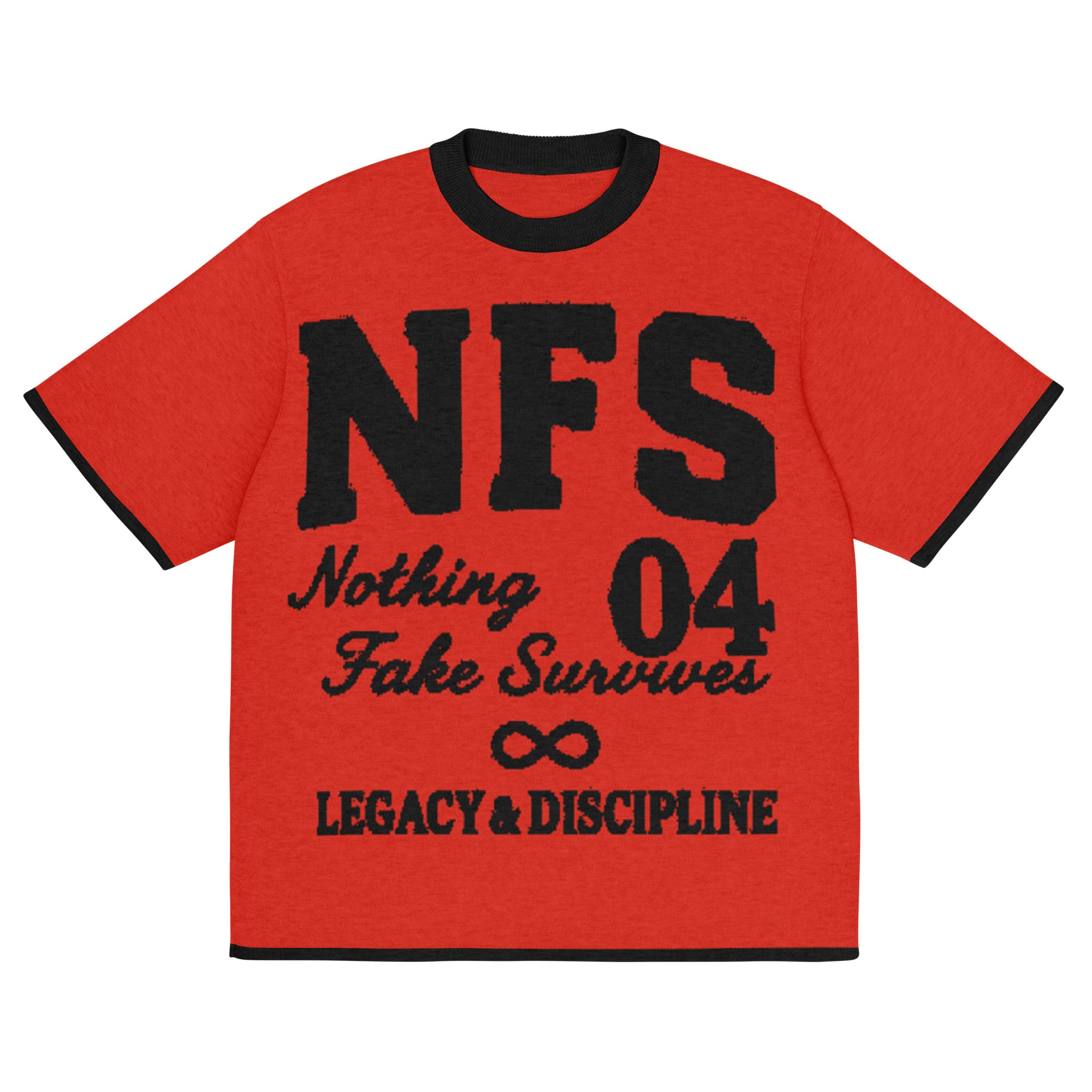 Premium knitted red t-shirt with “Nothing Fake Survives 04 Legacy & Discipline” design