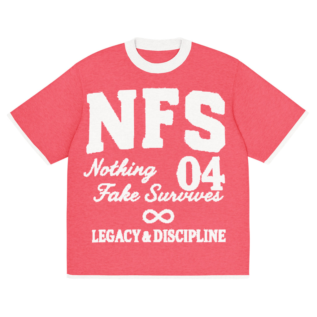 Front view of NFS 04 Knitted Legacy Tee in pink with white varsity lettering and contrast trims
