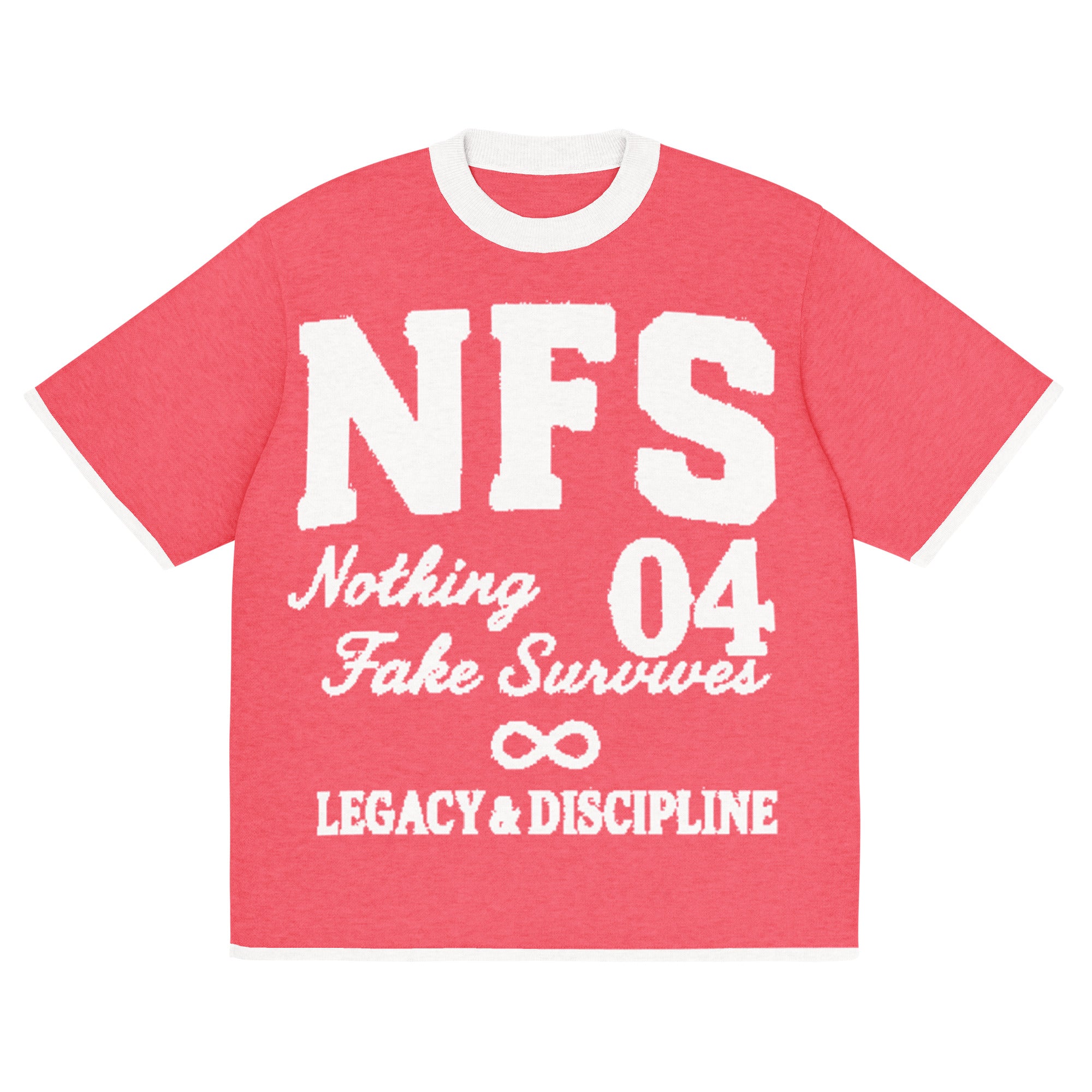 Front view of NFS 04 Knitted Legacy Tee in pink with white varsity lettering and contrast trims