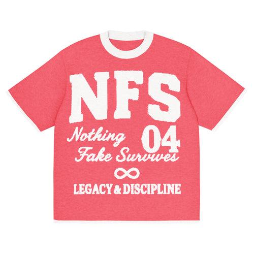 Front view of NFS 04 Knitted Legacy Tee in pink with white varsity lettering and contrast trims