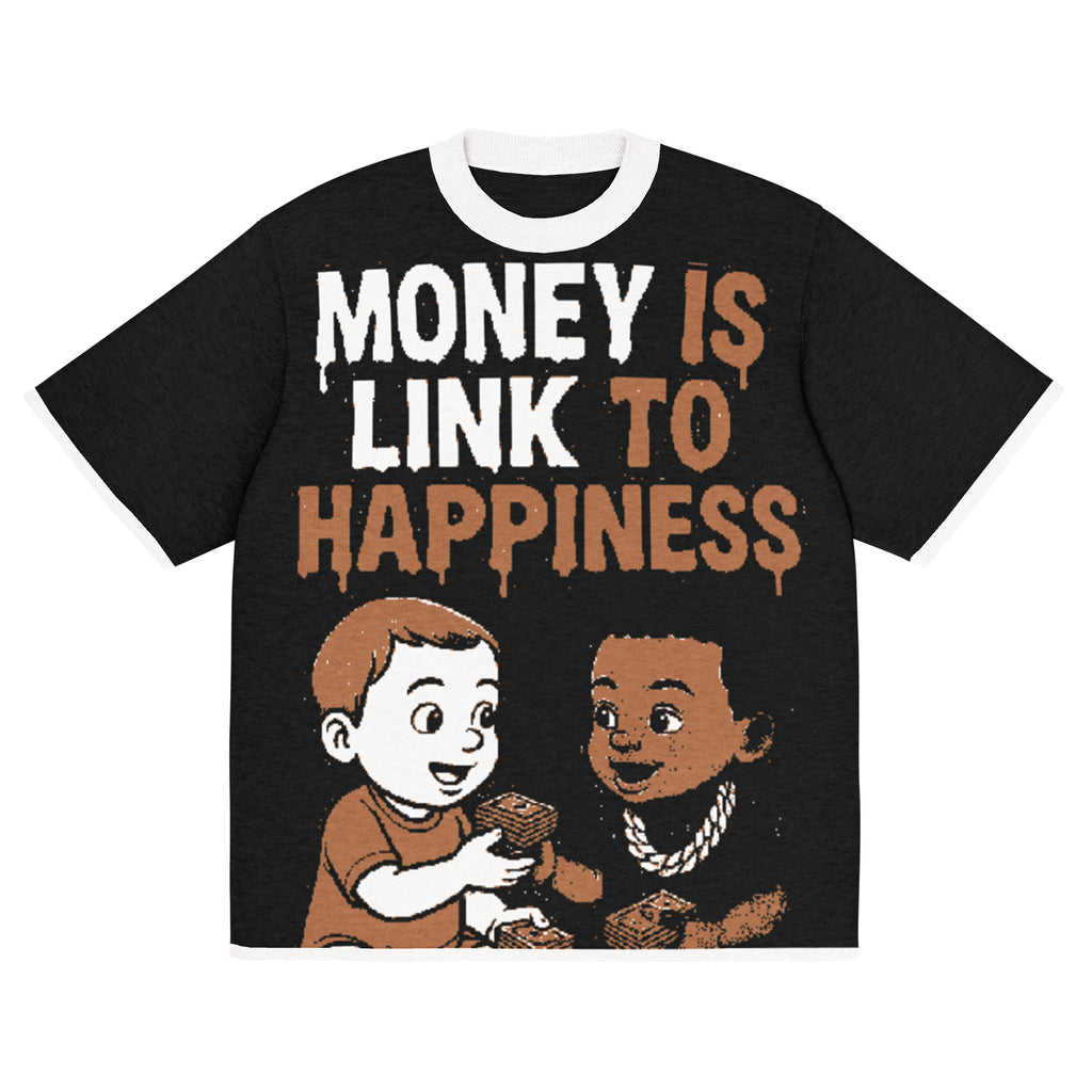 Knitting t-shirt with Money is Link to Happiness text and two kids exchanging stacks of cash, black with white trim.