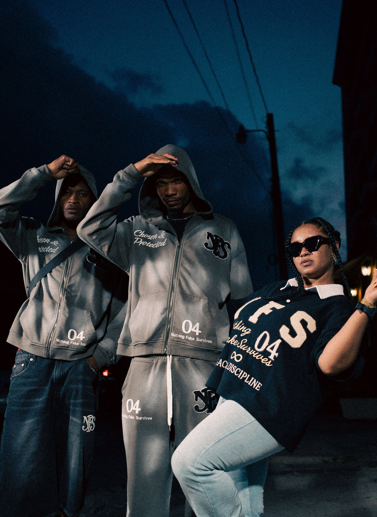 Models wearing Nothing Fake Survives NFS Chosen & Protected streetwear and Code 04 apparel