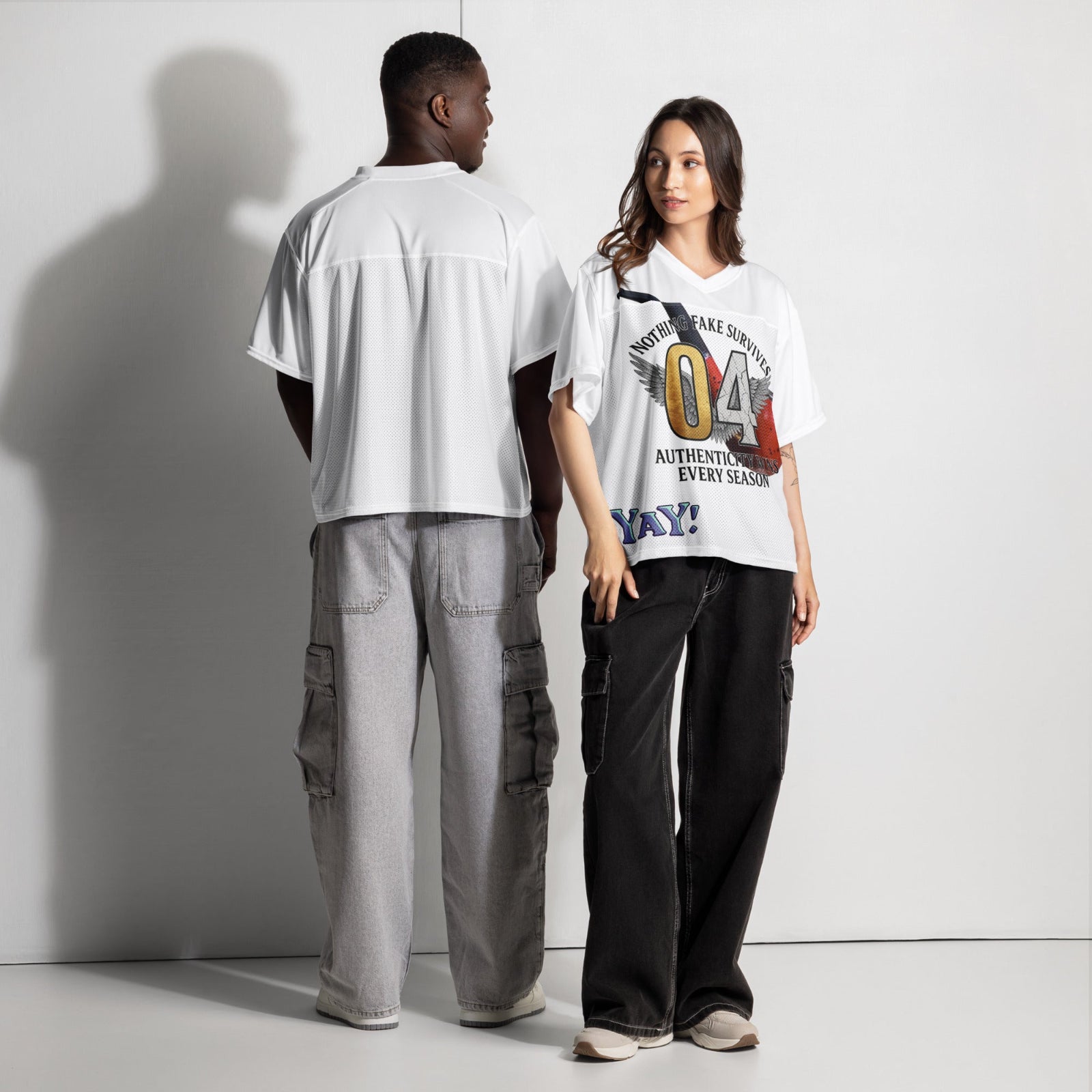 Two Models wearing white NFS t-shirts with graphic designs 