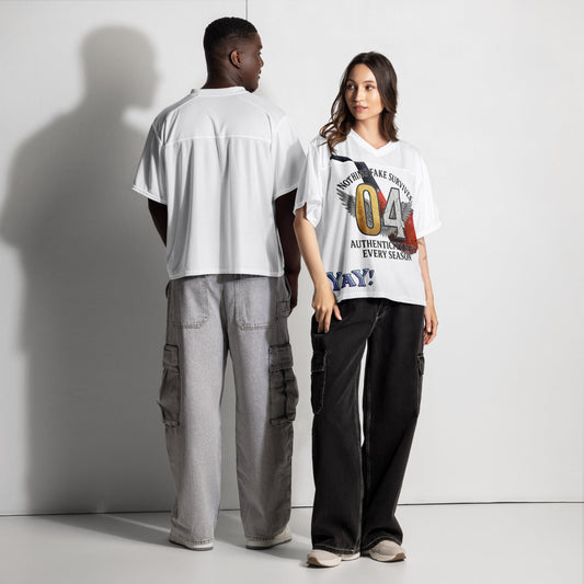 Two Models wearing white NFS t-shirts with graphic designs 
