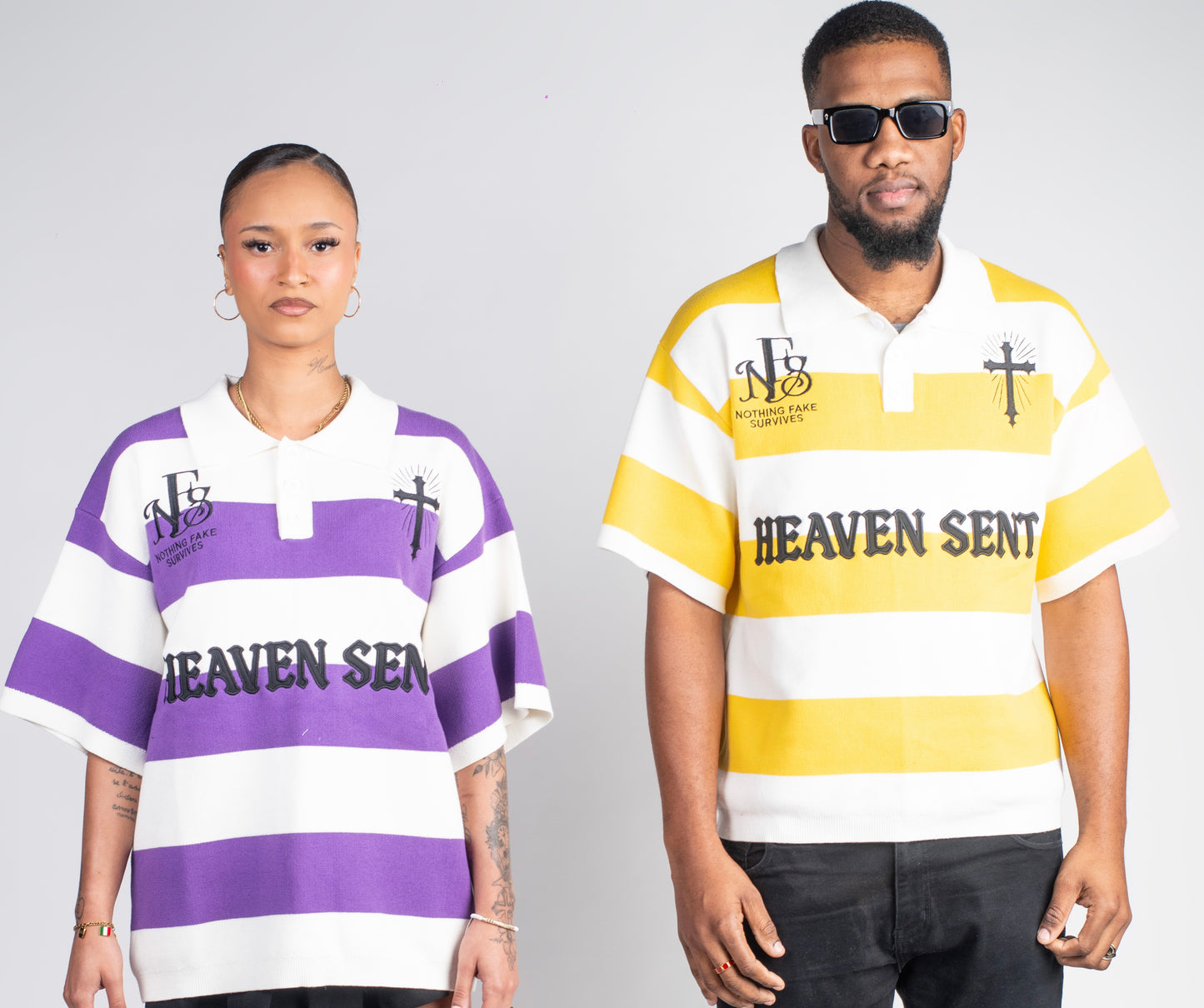 Two models wearing NFS Heaven Sent striped knit polo shirts, one in purple and white and one in yellow and white, photographed on a clean studio background.