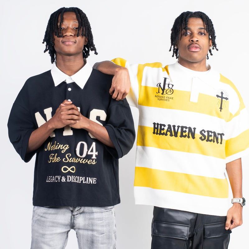 Two models wearing NFS oversized streetwear pieces from the Legacy & Discipline and Heaven Sent collections.