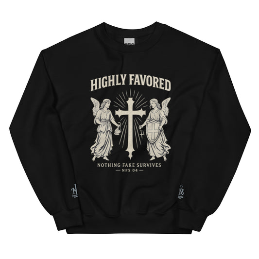Black sweatshirt with angel and cross graphic, Highly Favored print, sleeve embroidery NFS