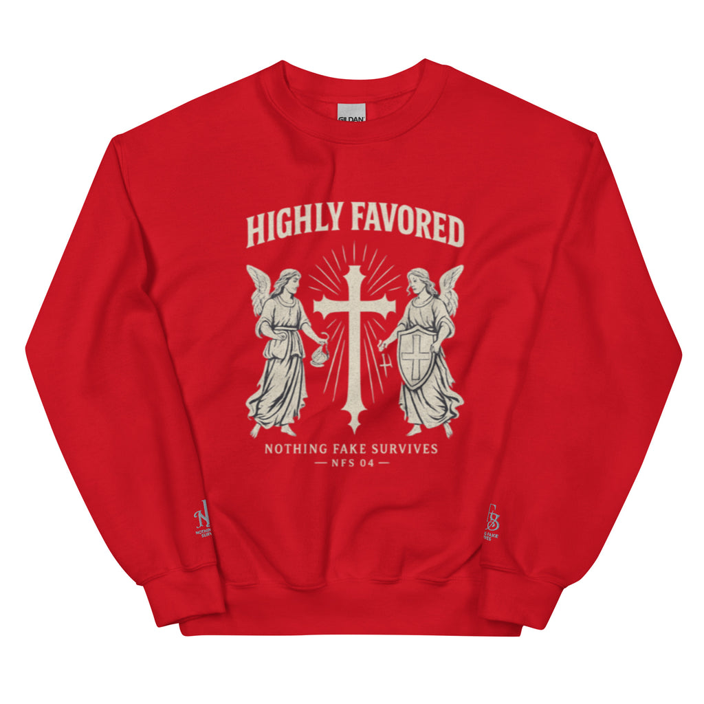 Red sweatshirt with angel and cross graphic, Highly Favored print, sleeve embroidery NFS
