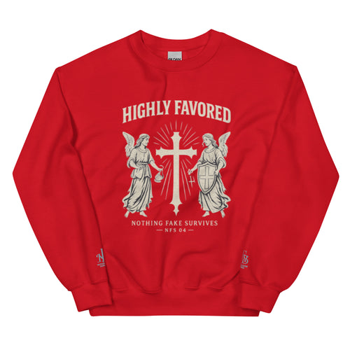 Red sweatshirt with angel and cross graphic, Highly Favored print, sleeve embroidery NFS