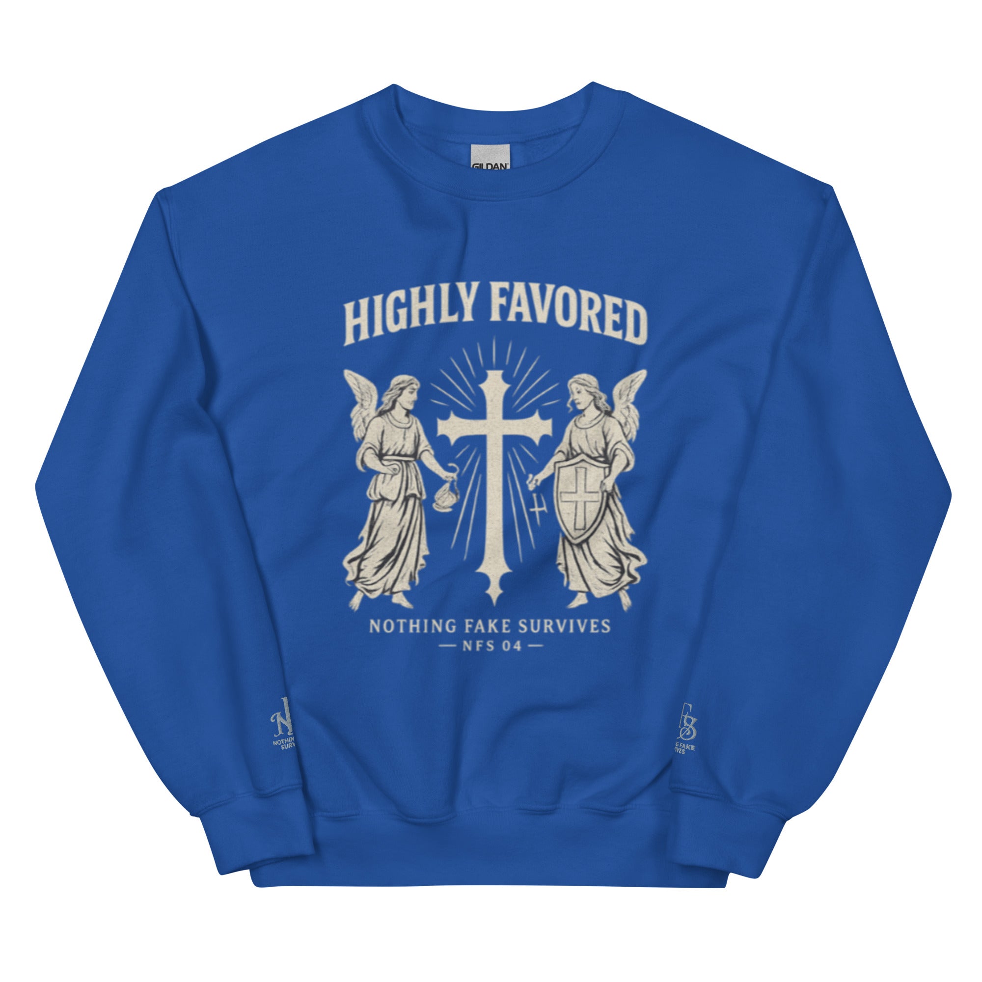 Blue Gildan sweatshirt with angel and cross graphic, Highly Favored print, sleeve embroidery NFS