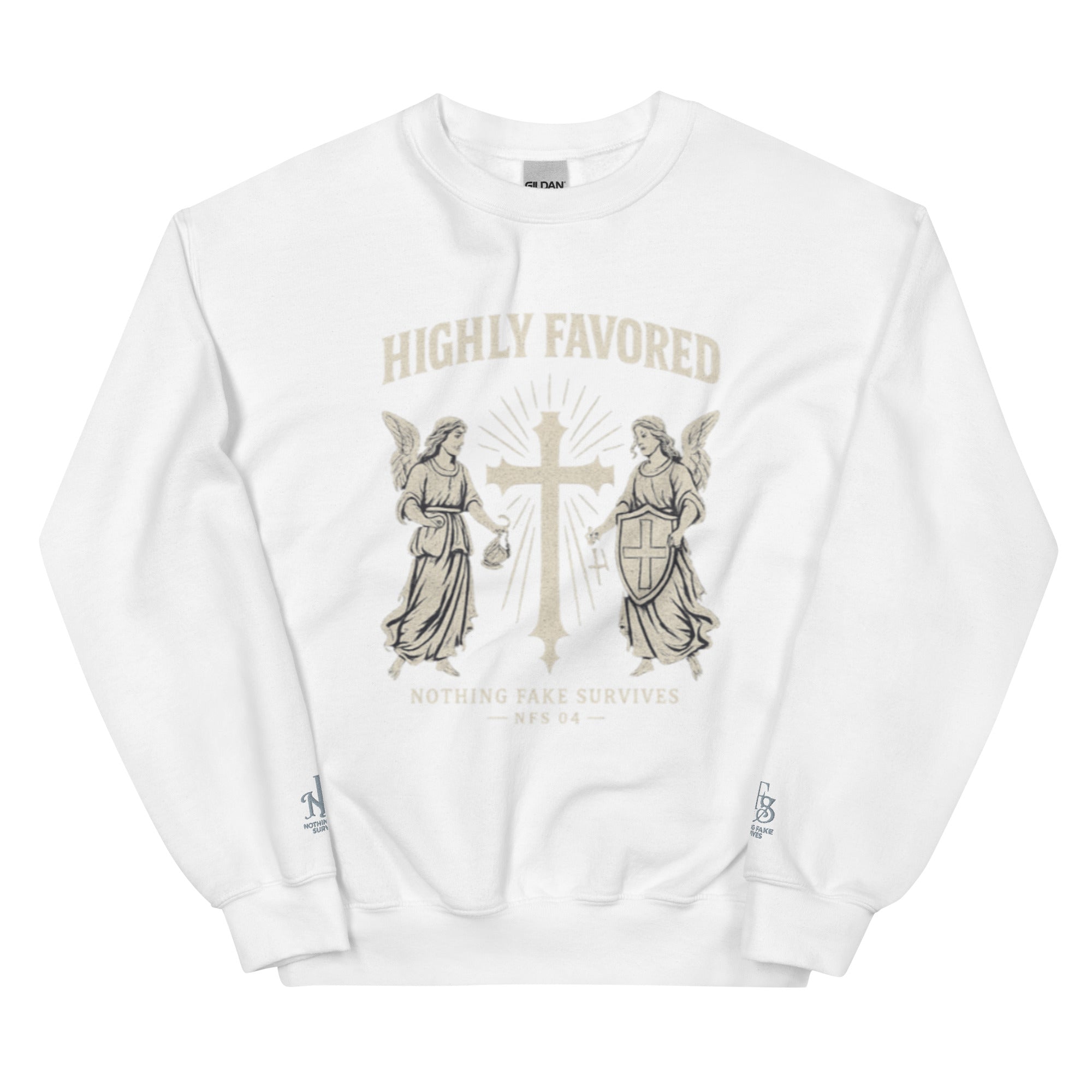White sweatshirt with angel and cross graphic, Highly Favored print, sleeve embroidery NFS
