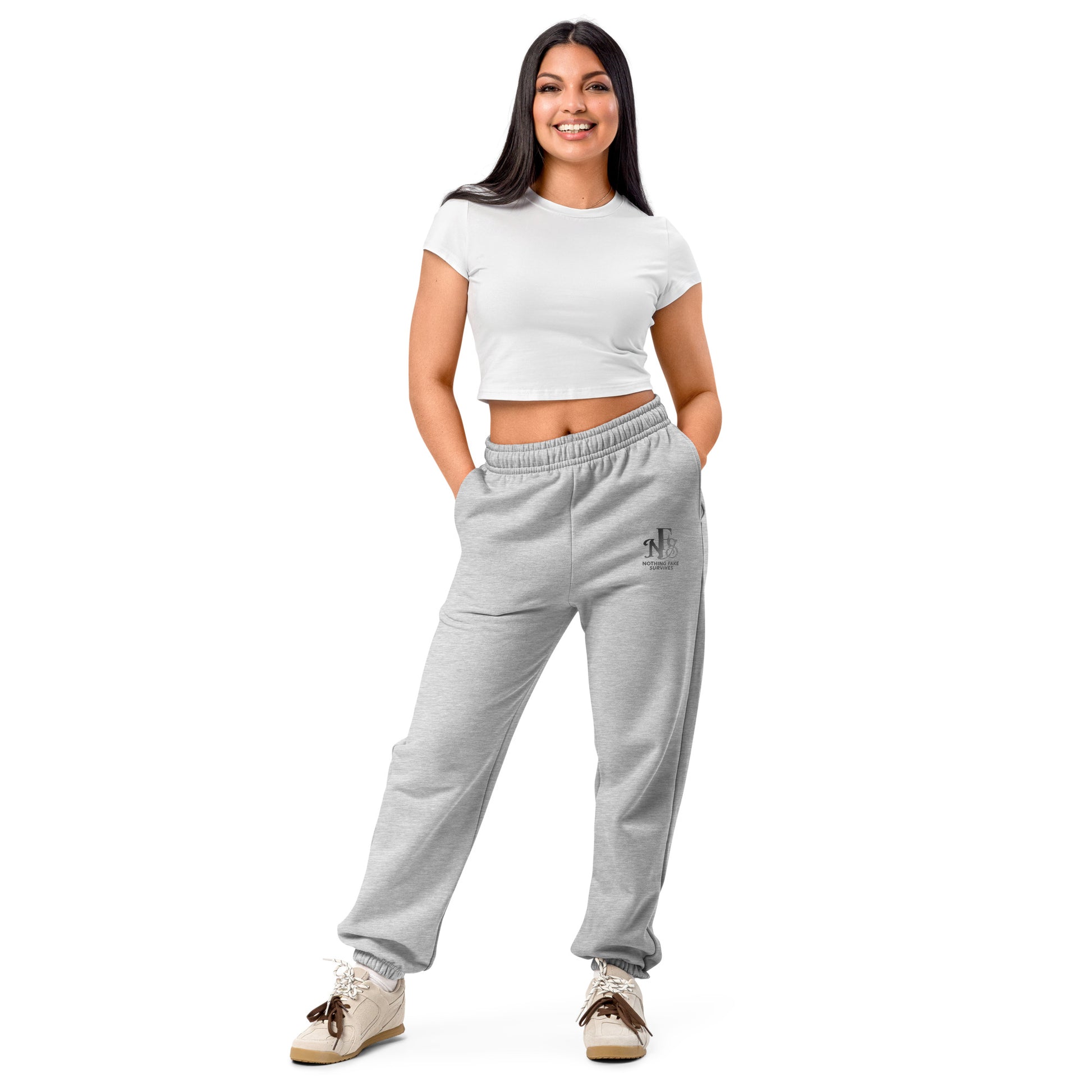 Grey athletic heather embroidered sweatpants with NFS logo on thigh.