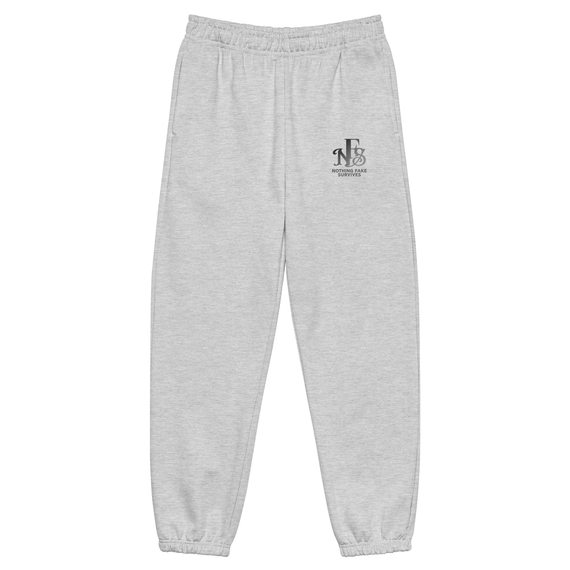 Grey athletic heather embroidered sweatpants with NFS logo on thigh.