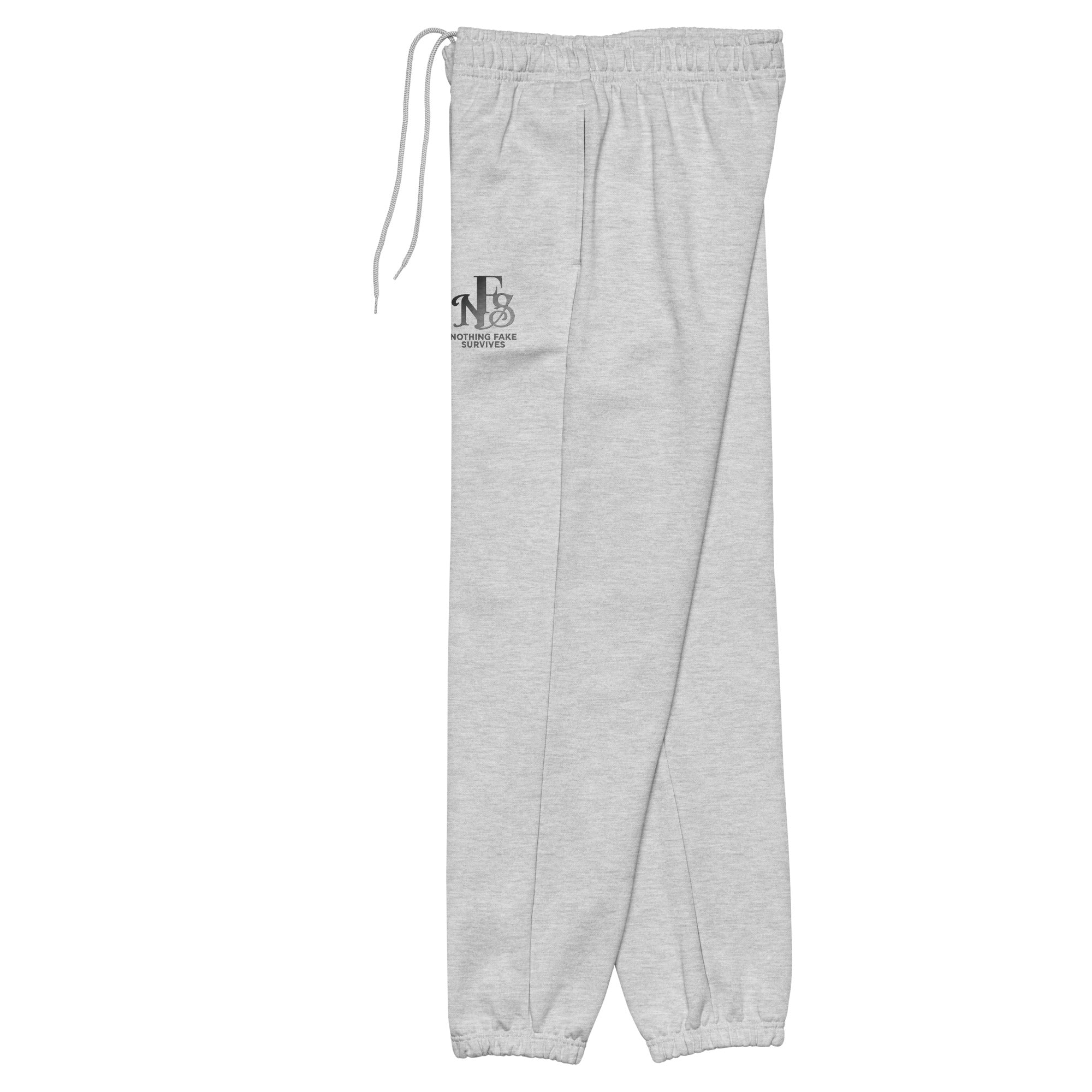 Grey athletic heather embroidered sweatpants with NFS logo on thigh.