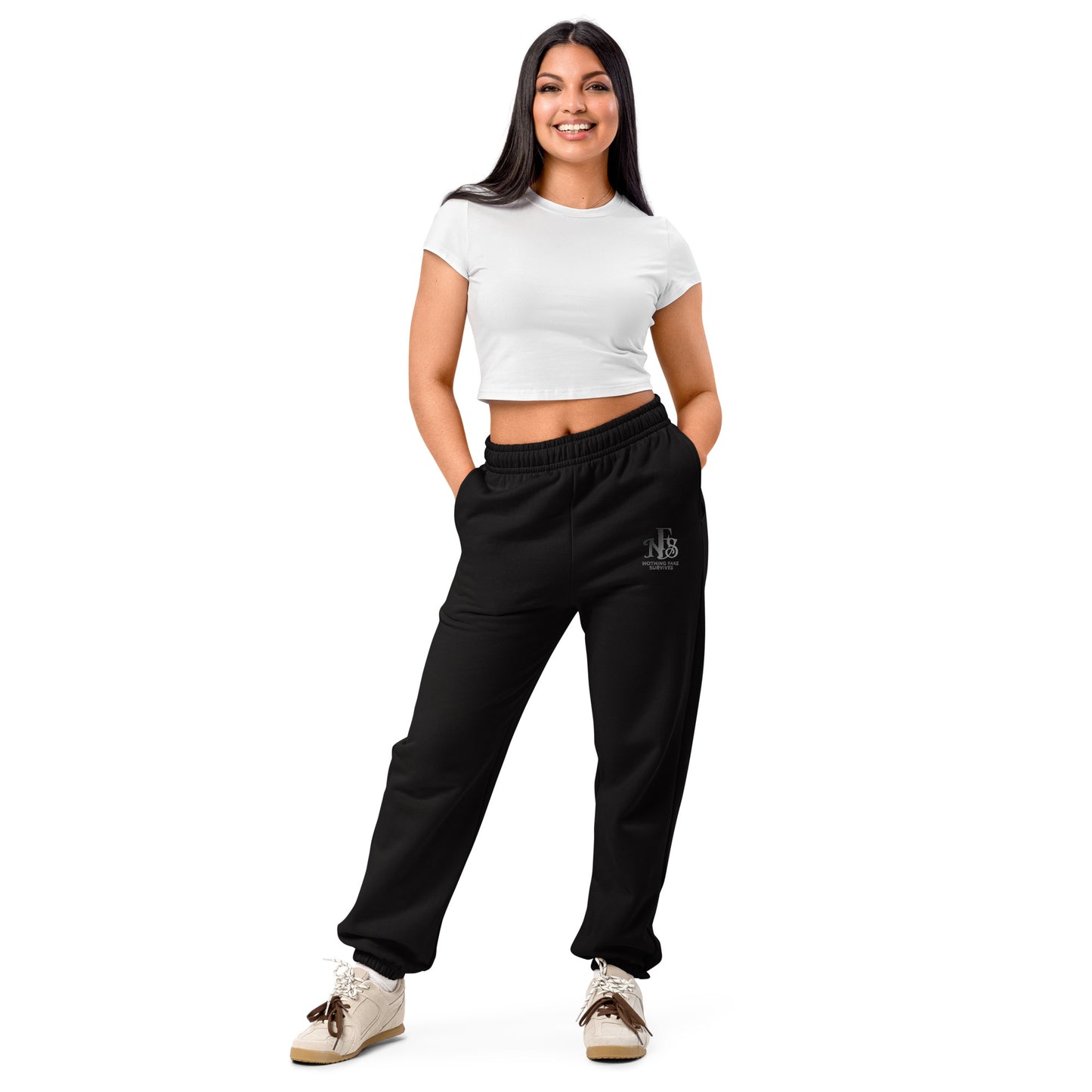 Black embroidered sweatpants with NFS logo on thigh.