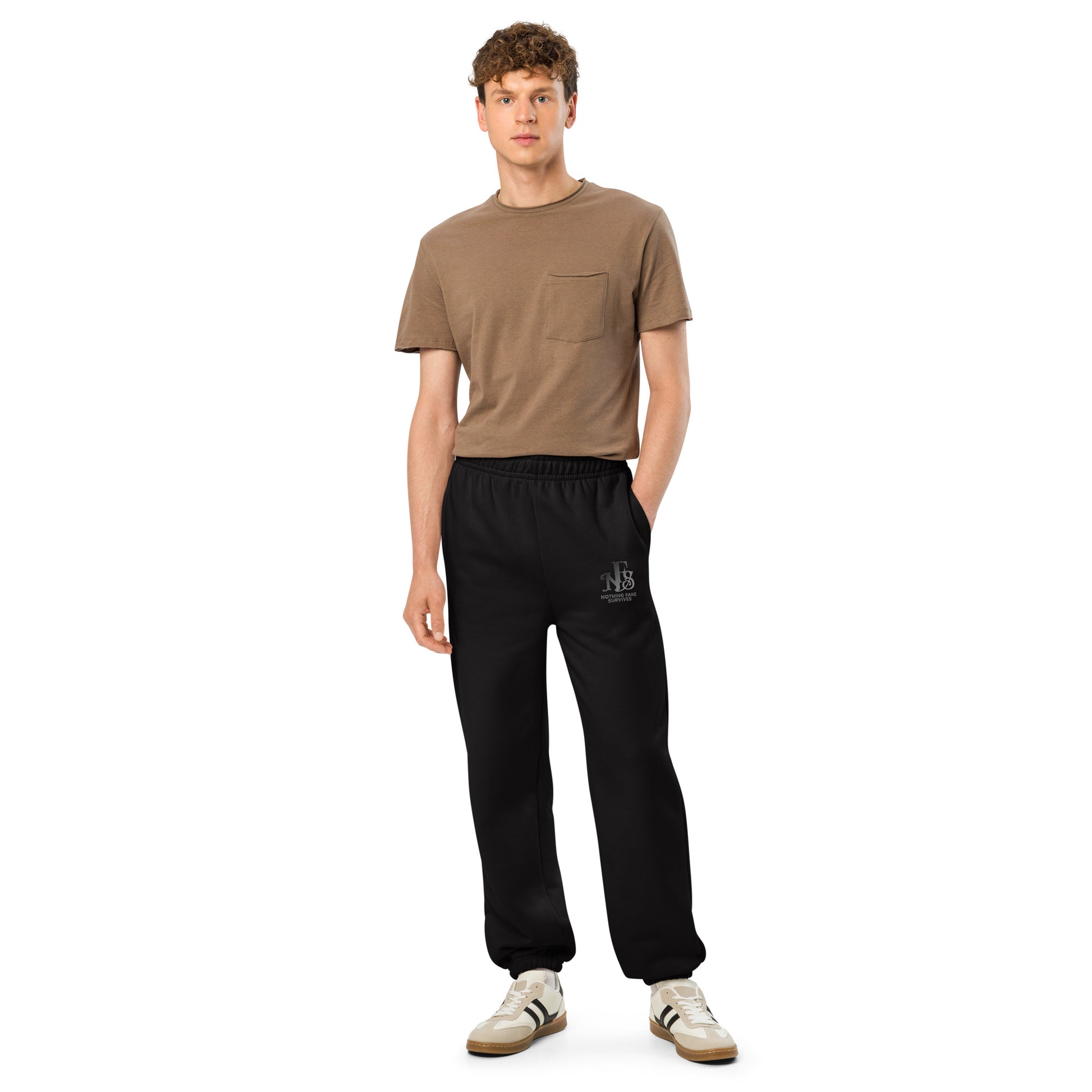 Black embroidered sweatpants with NFS logo on thigh.