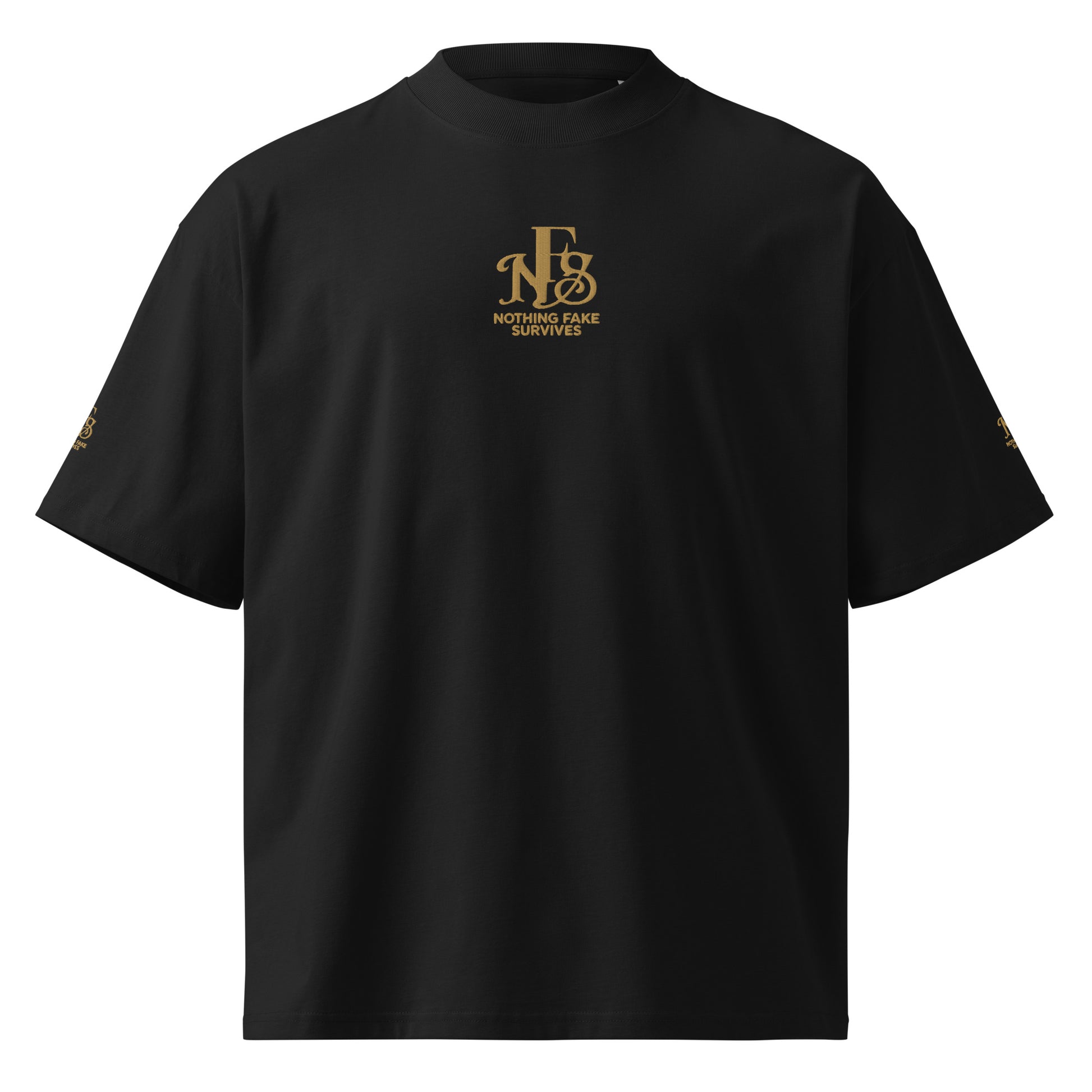 Black oversized NFS t-shirt with gold embroidered emblem on chest and sleeve