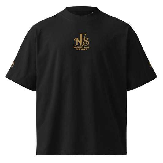 Black oversized NFS t-shirt with gold embroidered emblem on chest and sleeve