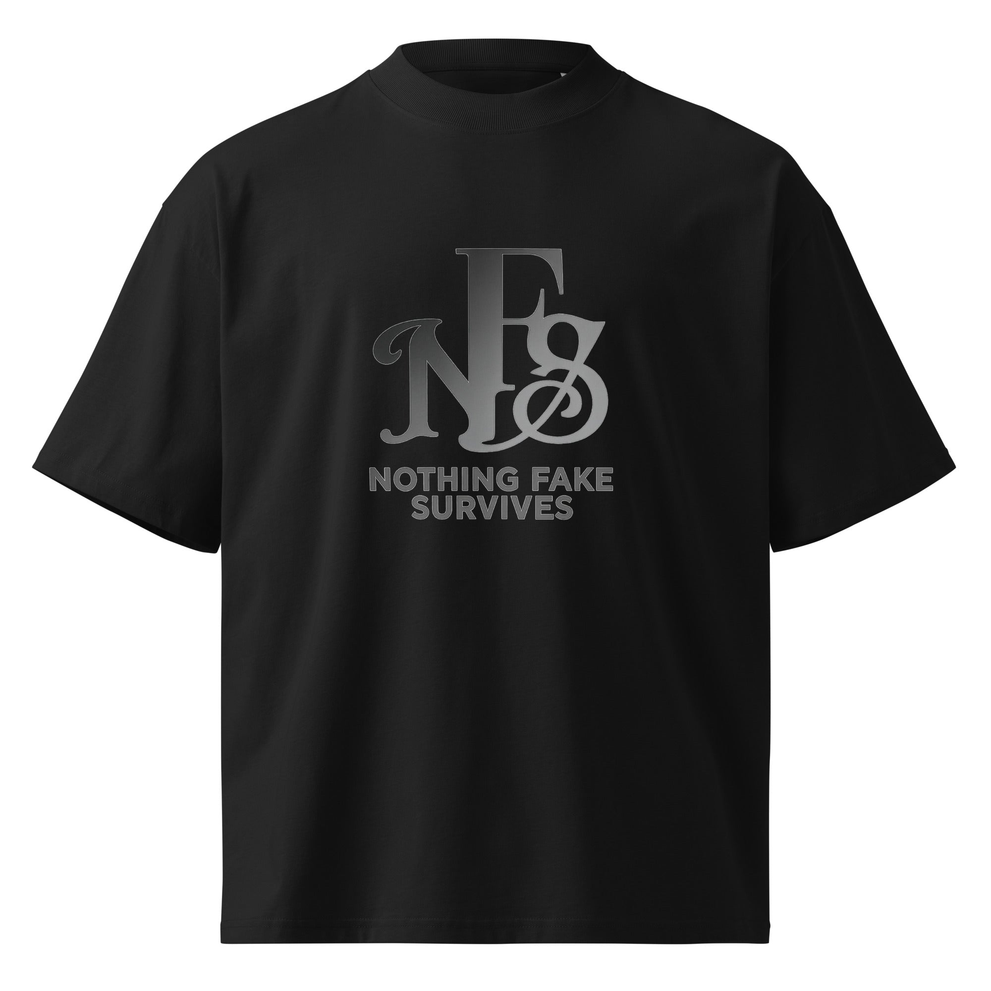 Black oversized T-shirt with bold NFS logo in gradient grey.