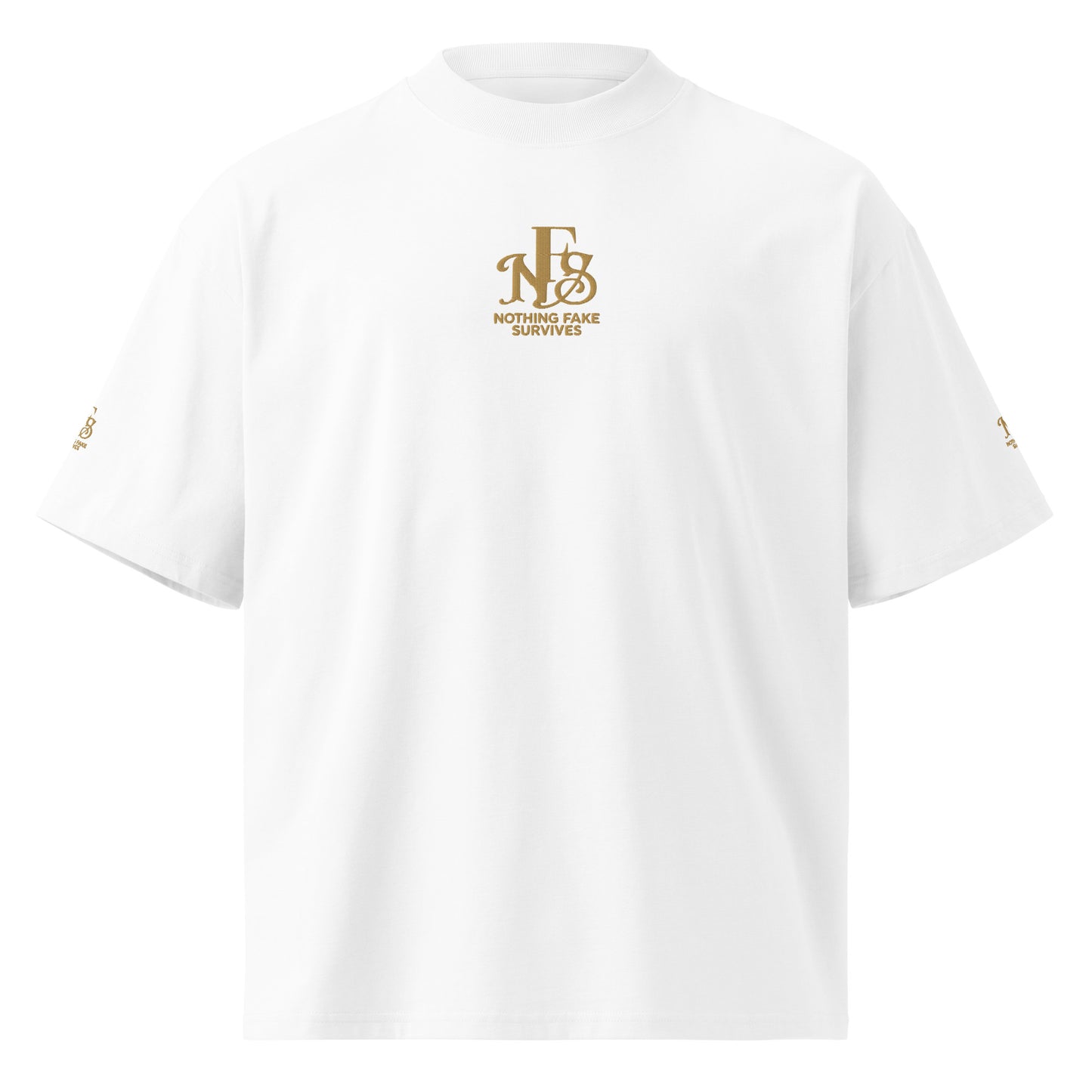 White oversized NFS t-shirt with gold embroidered emblem on chest and sleeve