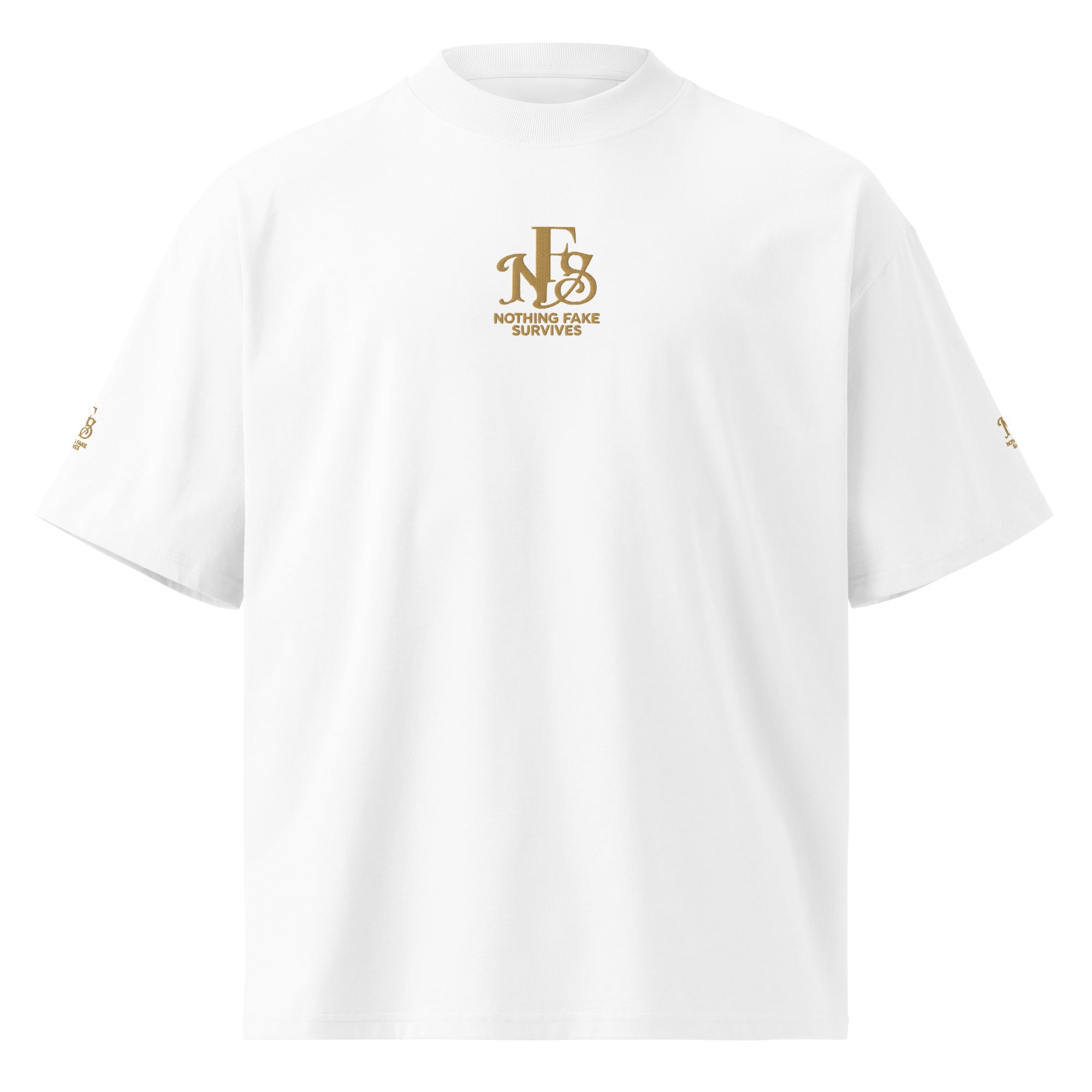 White oversized NFS t-shirt with gold embroidered emblem on chest and sleeve