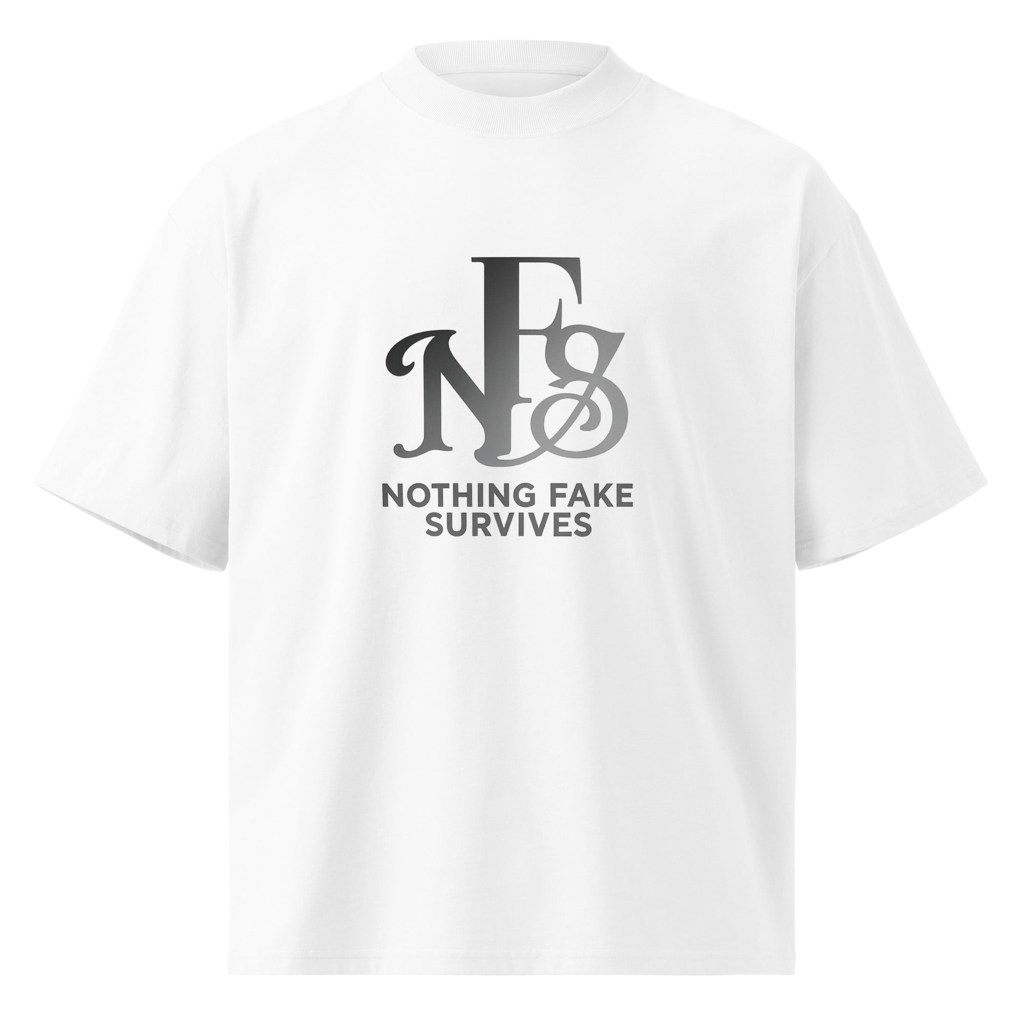 White oversized T-shirt with bold NFS logo in gradient grey.