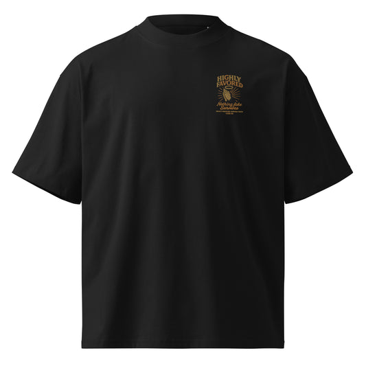 Black t-shirt with a logo and text on a white background