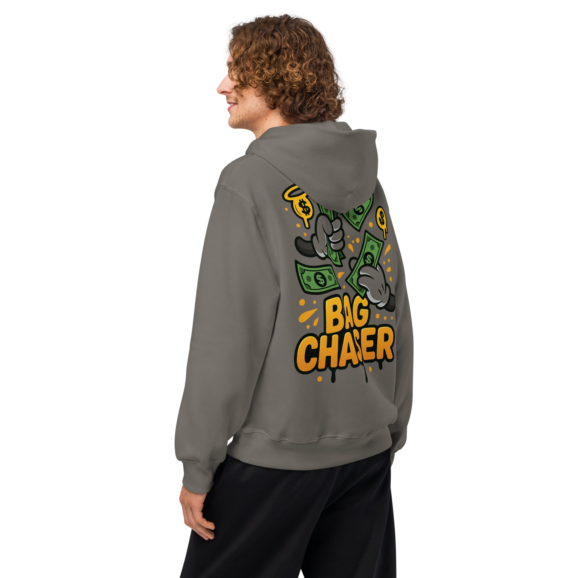 Saints & Hustlers Bag Chaser hoodie back design with cash graphic