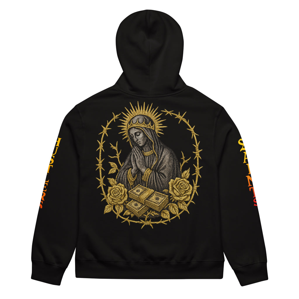 Oversized black hoodie with Saints & Hustlers sleeve design.