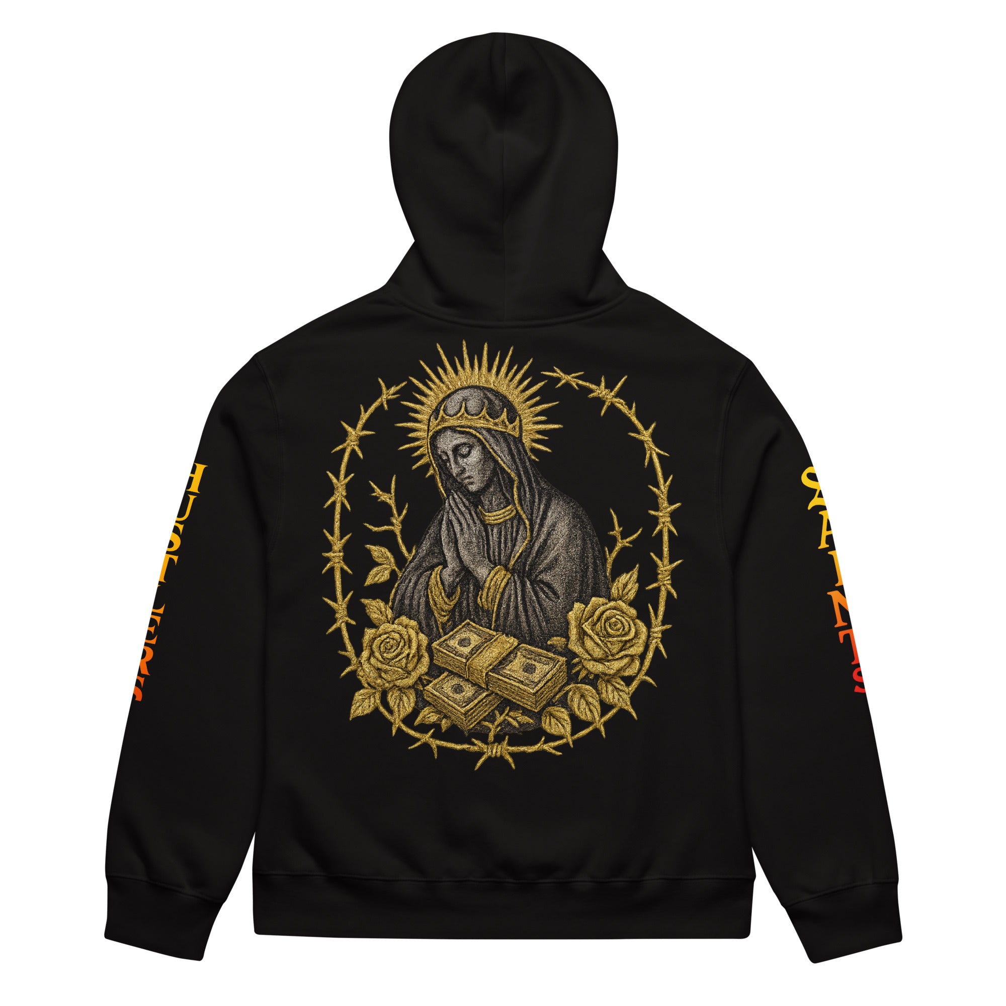 Oversized black hoodie with Saints & Hustlers sleeve design.