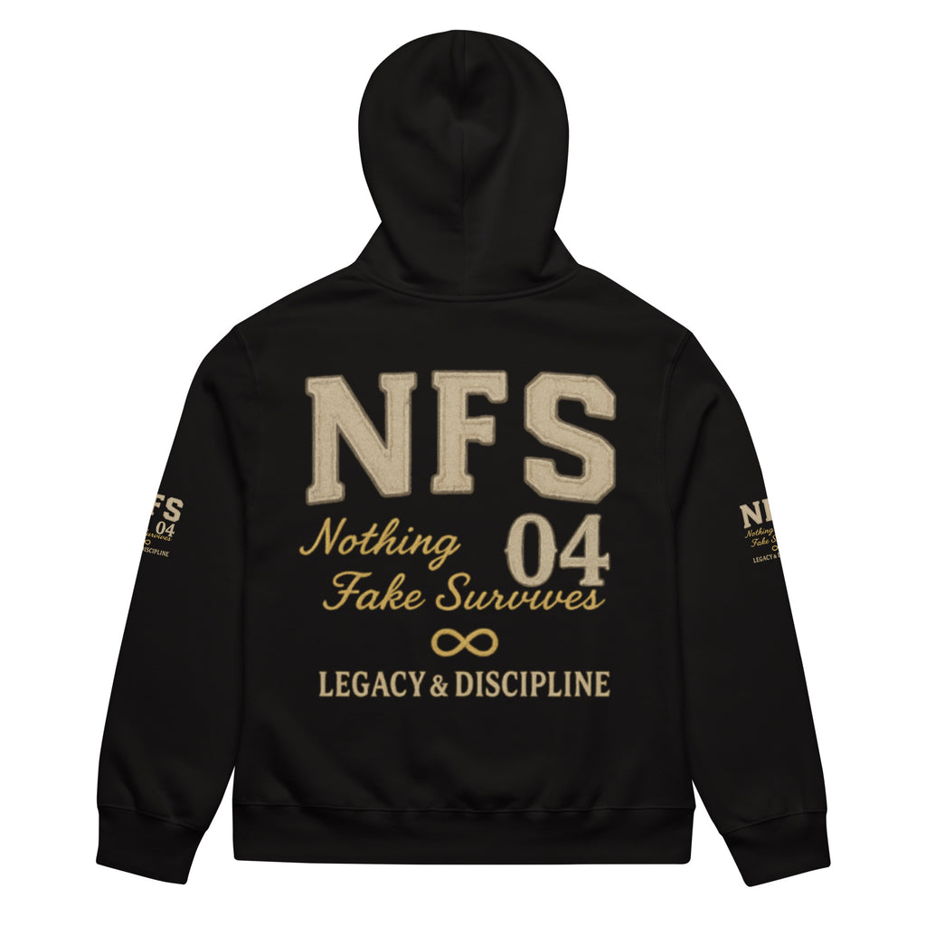 Black Bella + Canvas hoodie with DTG gold NFS 04 Legacy & Discipline print.
