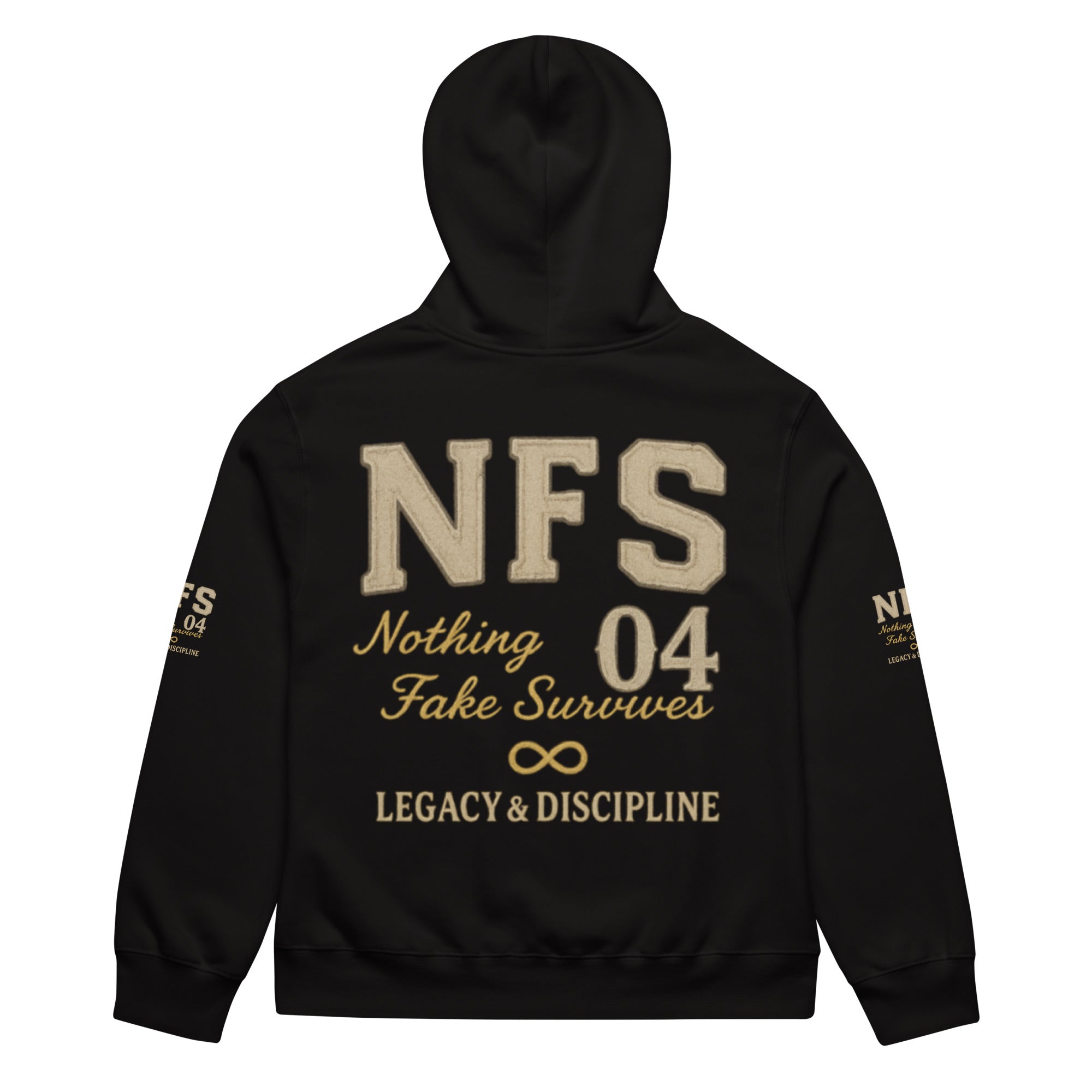 Black Bella + Canvas hoodie with DTG gold NFS 04 Legacy & Discipline print.