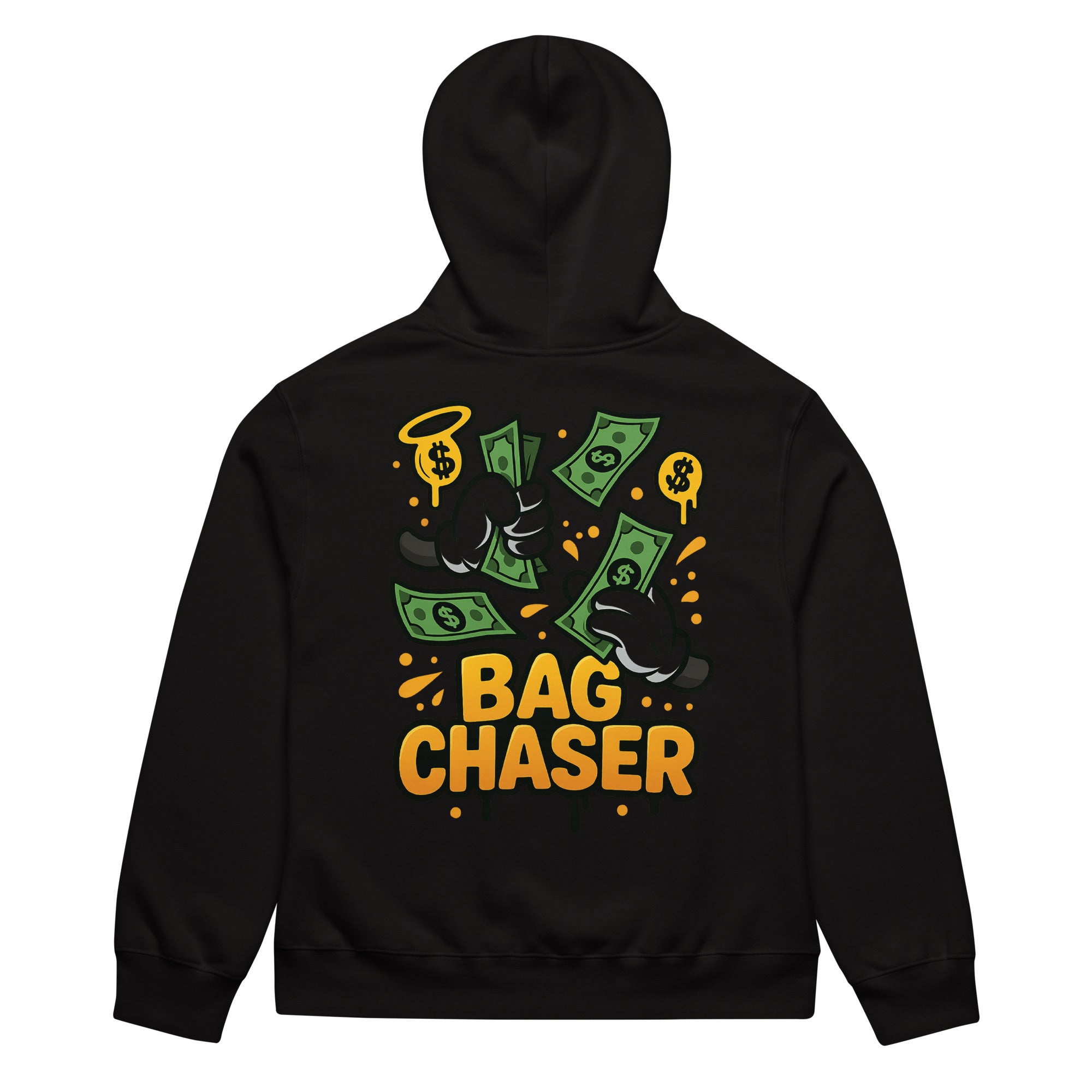Saints & Hustlers Bag Chaser hoodie back design with cash graphic