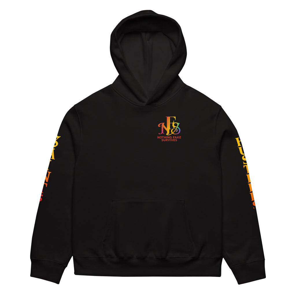 Oversized black hoodie with Saints & Hustlers sleeve design.
