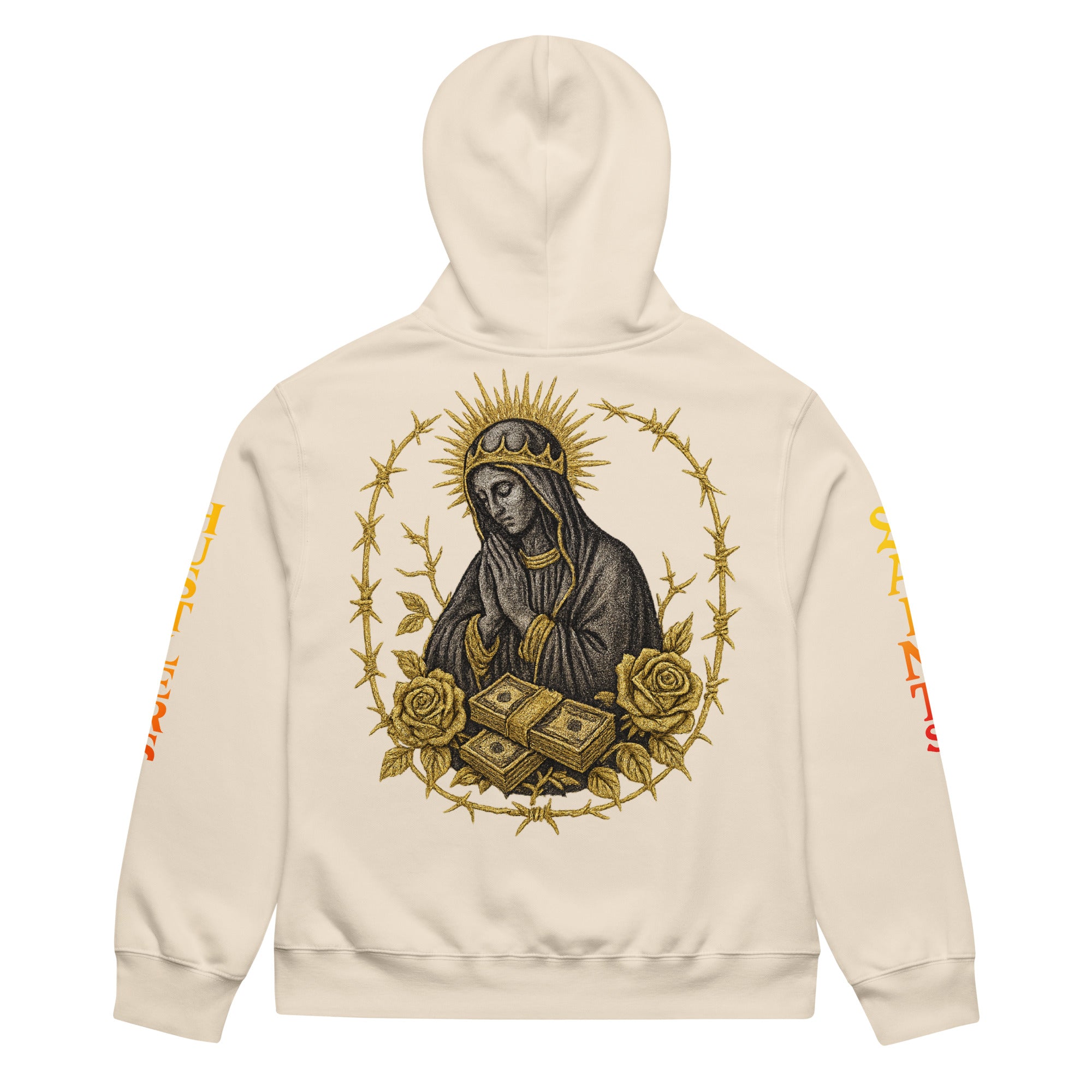 Oversized beige hoodie with Saints & Hustlers sleeve design.