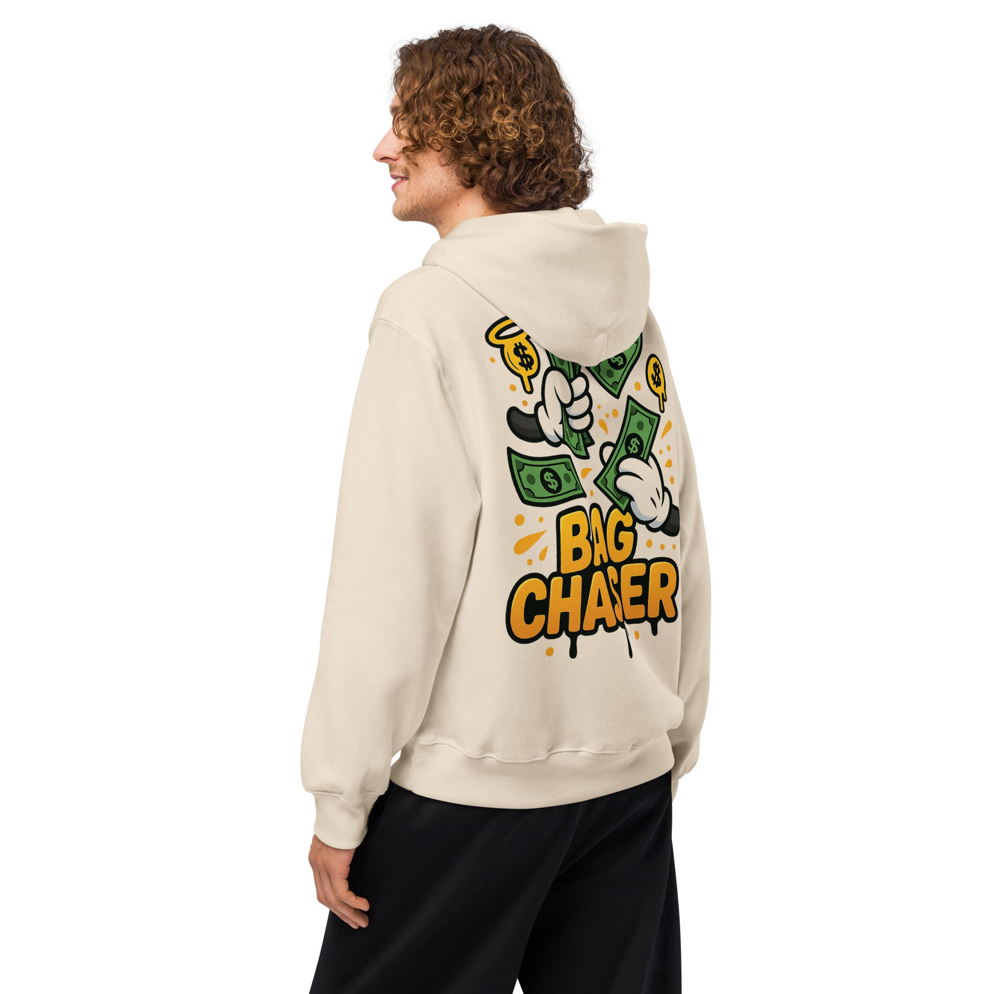 Saints & Hustlers Bag Chaser hoodie back design with cash graphic