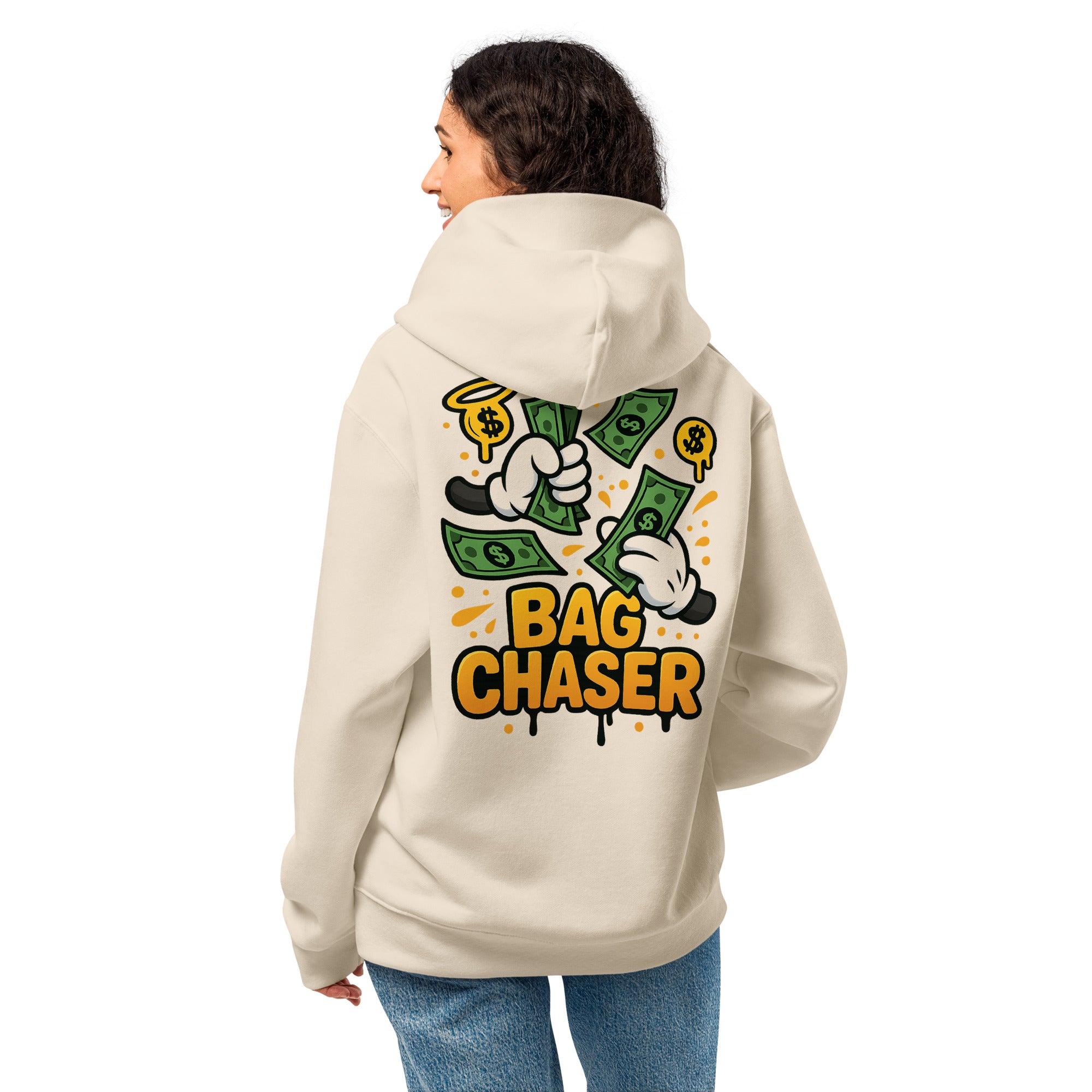 Saints & Hustlers Bag Chaser hoodie back design with cash graphic