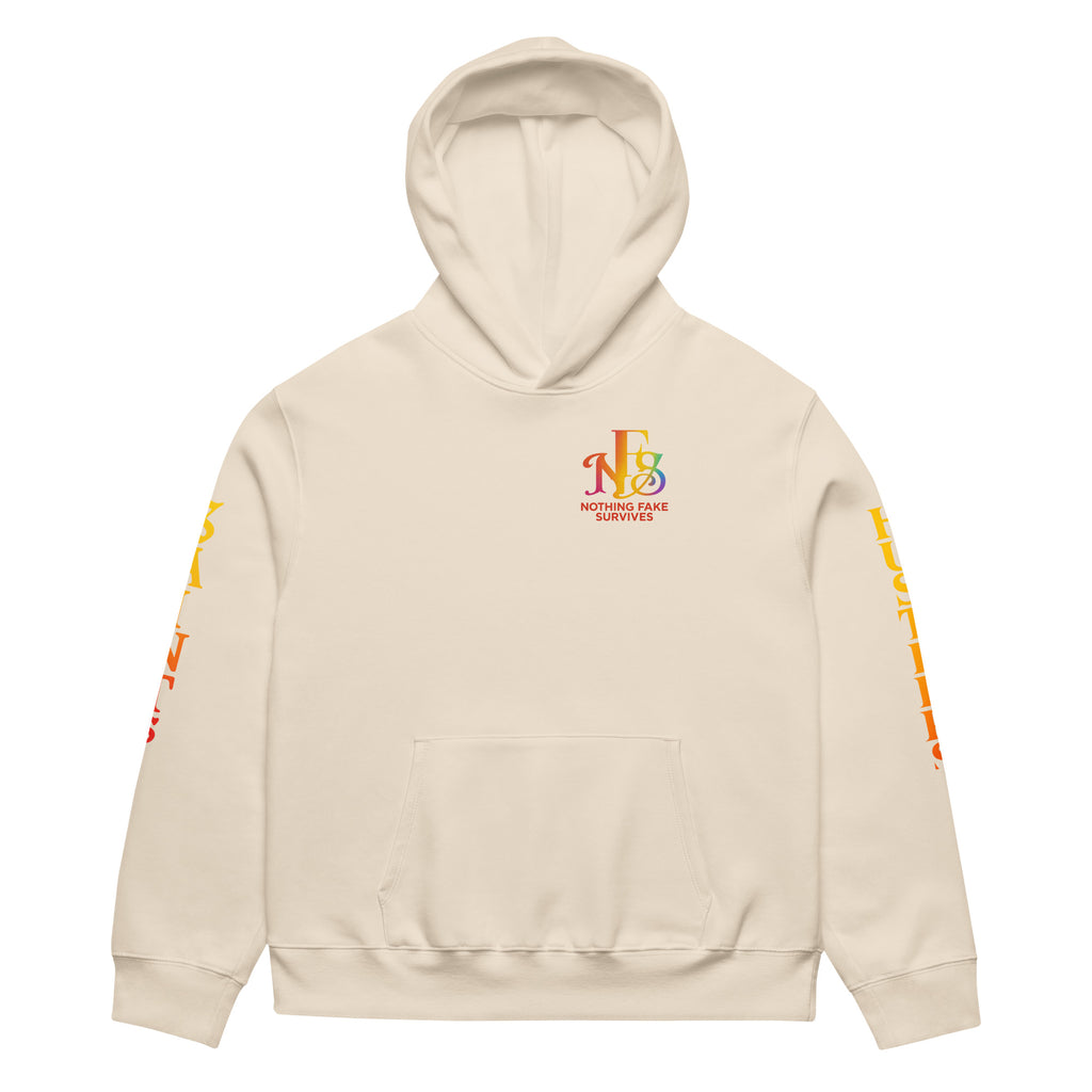 Oversized beige hoodie with Saints & Hustlers sleeve design.