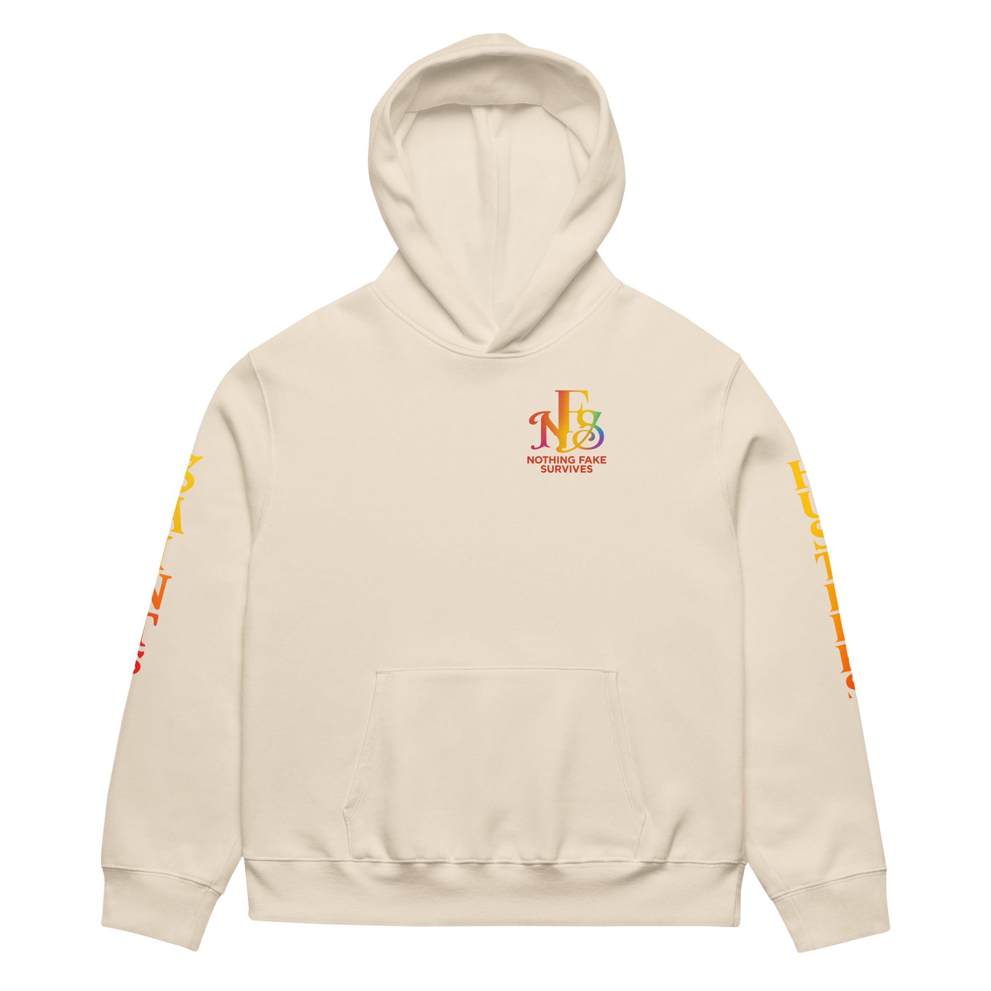 Oversized beige hoodie with Saints & Hustlers sleeve design.