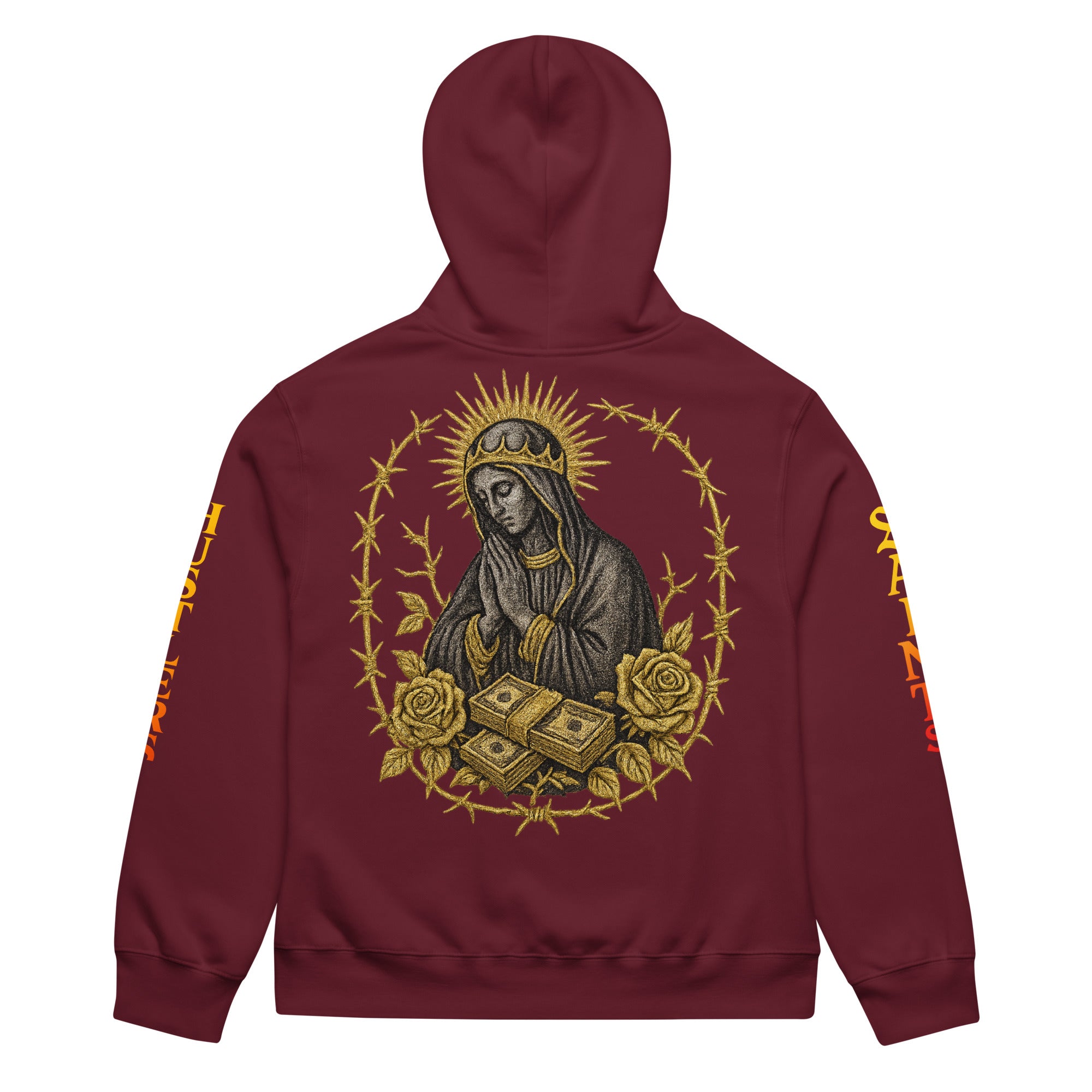 Oversized maroon hoodie with Saints & Hustlers sleeve design.