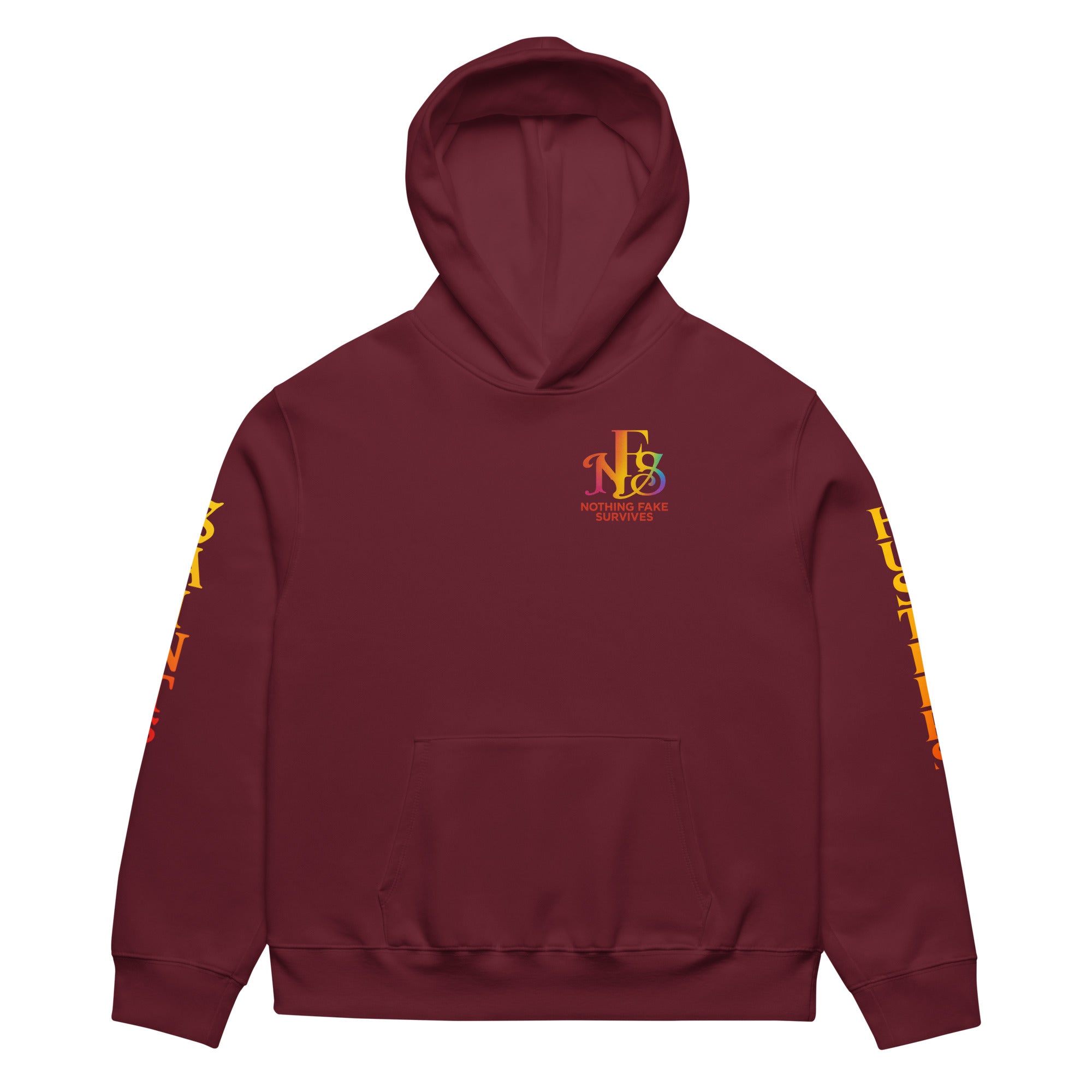 Oversized maroon hoodie with Saints & Hustlers sleeve design.