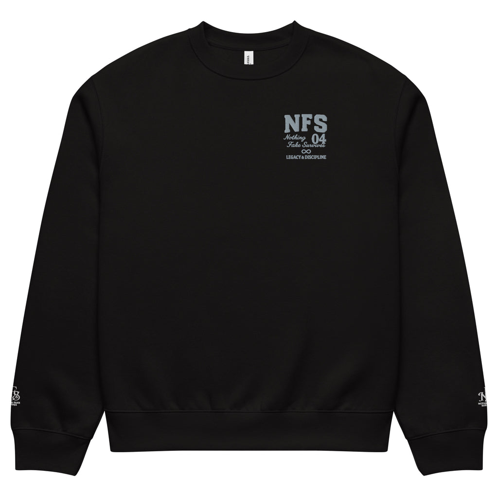NFS Signature Series Code 04 black crewneck sweatshirt with chest logo and wrist detail – oversized unisex fit