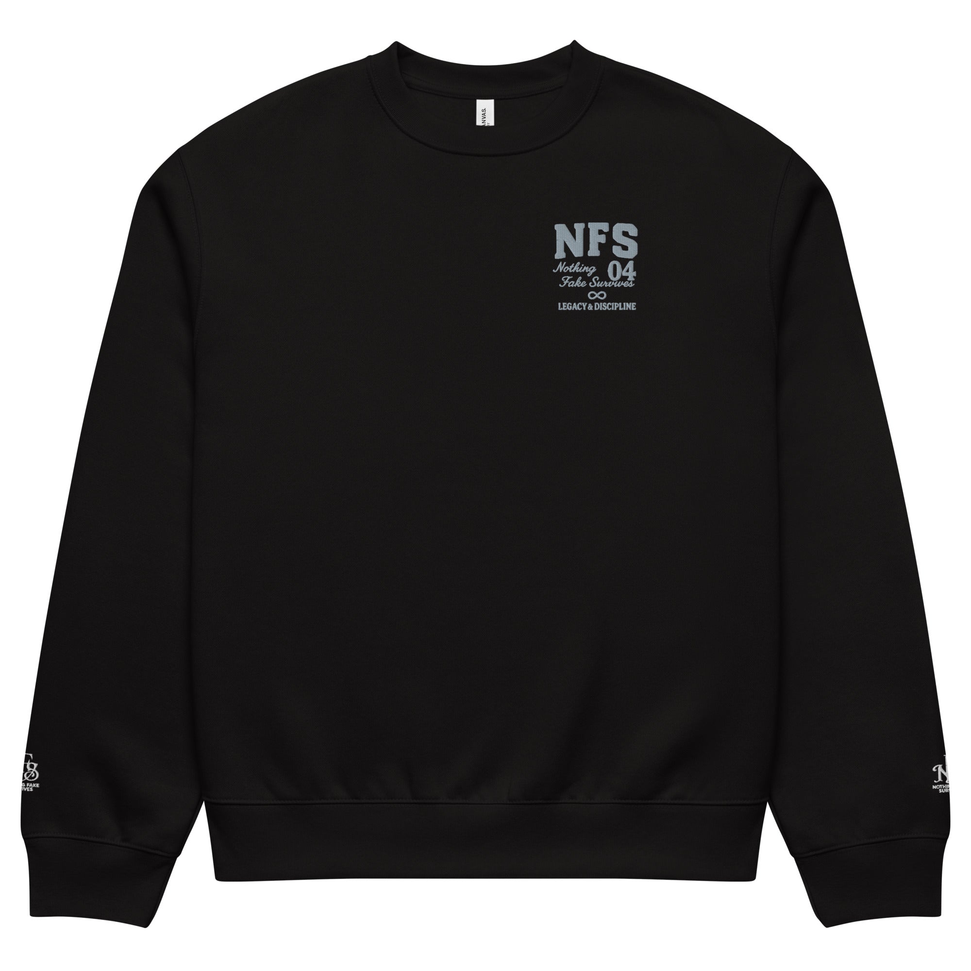 NFS Signature Series Code 04 black crewneck sweatshirt with chest logo and wrist detail – oversized unisex fit