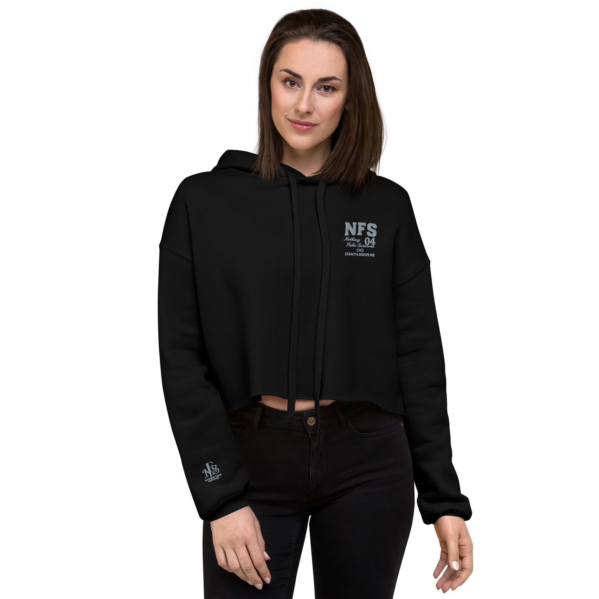Streetwear black crop hoodie featuring Legacy & Discipline text