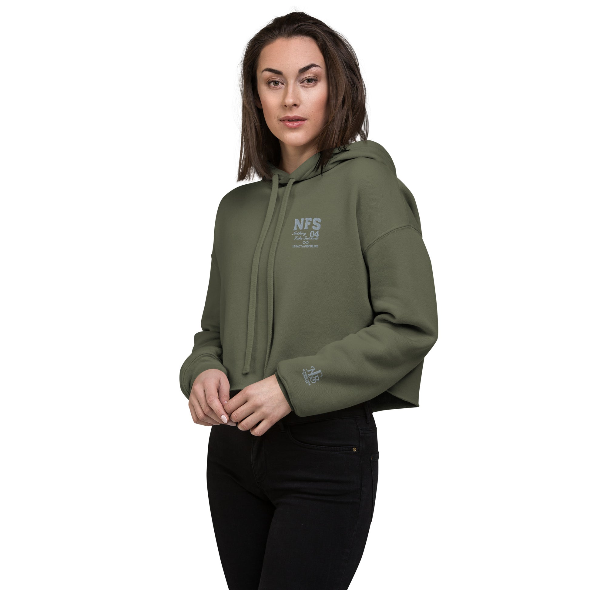 Streetwear black crop hoodie featuring Legacy & Discipline text